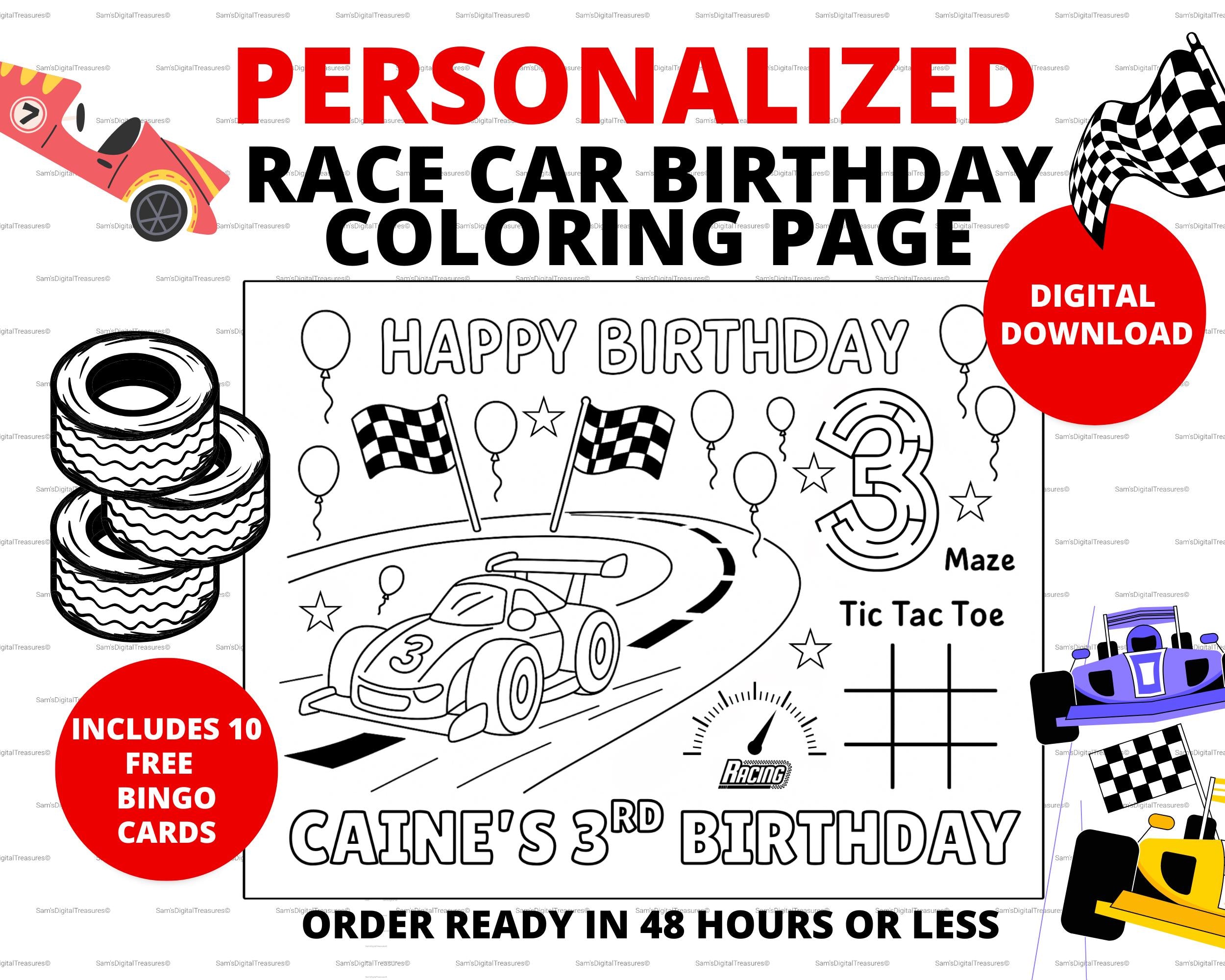 Personalized Race Car Birthday Coloring Activity for Kids Racecar Party Favor |