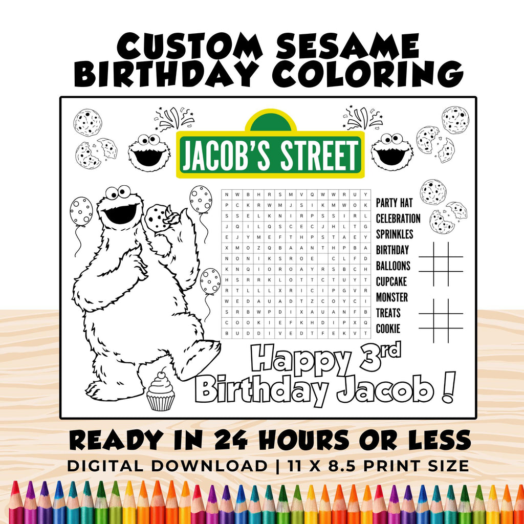 Custom Cookie Monster Birthday Coloring  | Sesame Birthday Party Activity | Sesame Party Favors | Printable Cookie Monster Birthday Placemat
