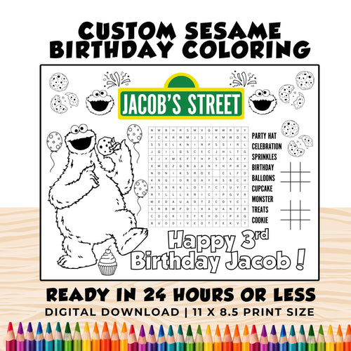 Custom Cookie Monster Birthday Coloring  | Sesame Birthday Party Activity | Sesame Party Favors | Printable Cookie Monster Birthday Placemat