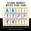 Sesame Memory Matching Card Game | Sesame Birthday Party Game | Sesame Party Favors | Printable Memory Card Game | Limit Screen Time Game