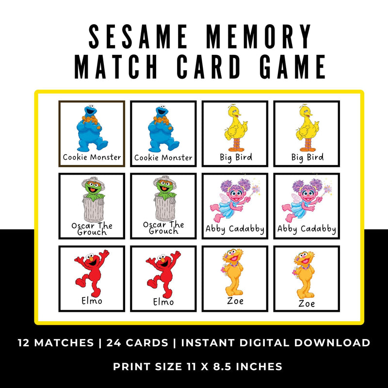 Sesame Street Memory Match Card Game Printable Birthday Party Kids