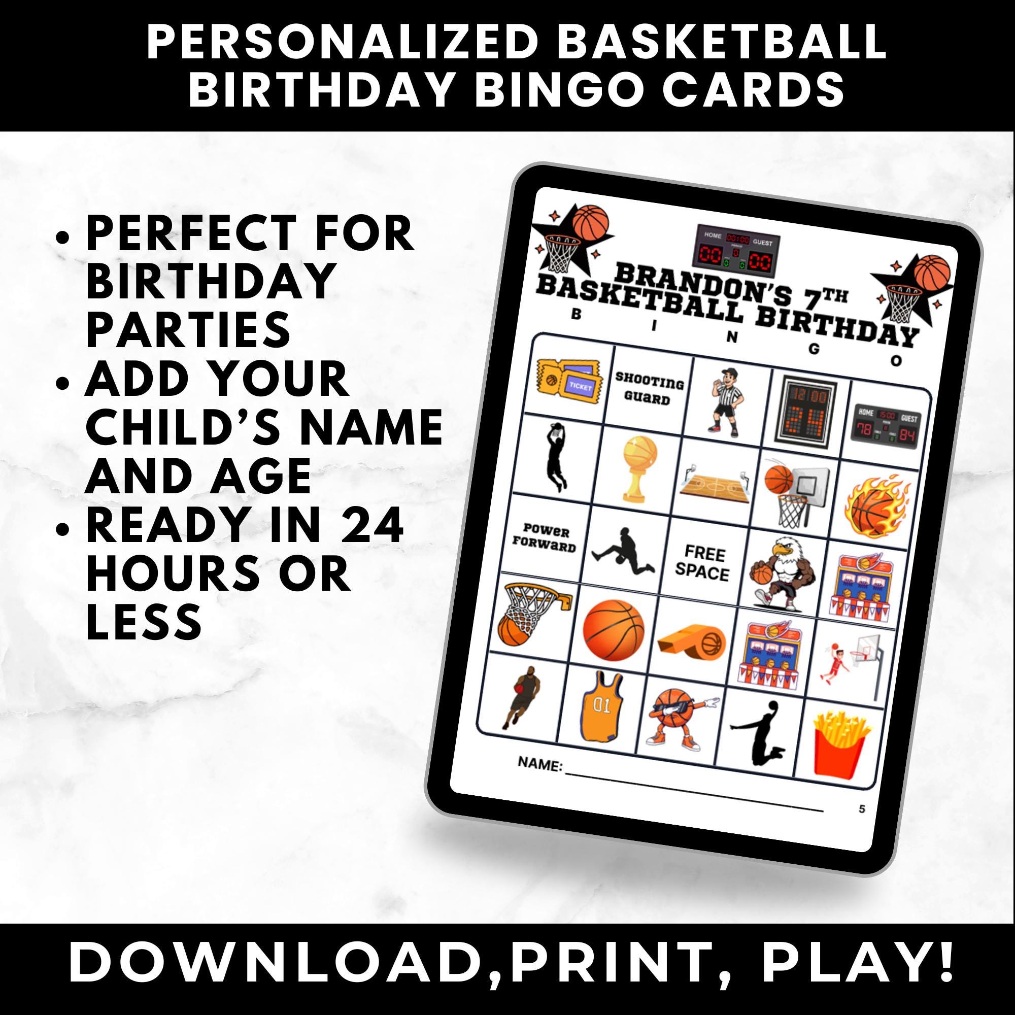 Personalized Basketball Birthday Bingo Cards | Custom Sports Party Game | 50 Unique Cards | Printable Digital Download