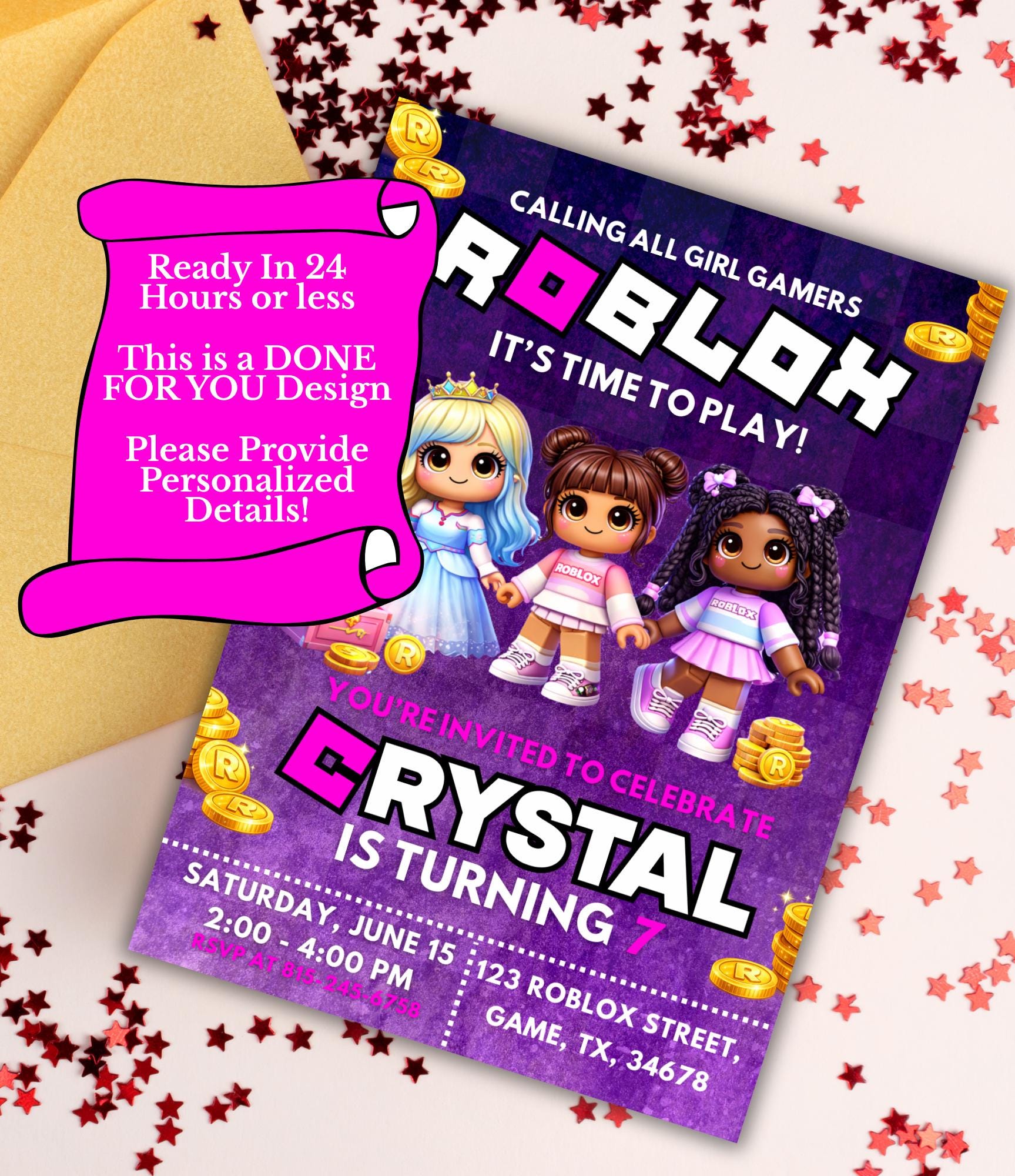Roblox Girl Birthday Invitation | Roblox Birthday Party | Printable Gaming Invite |  Roblox Girls Party |  Done for You  Birthday Invitation