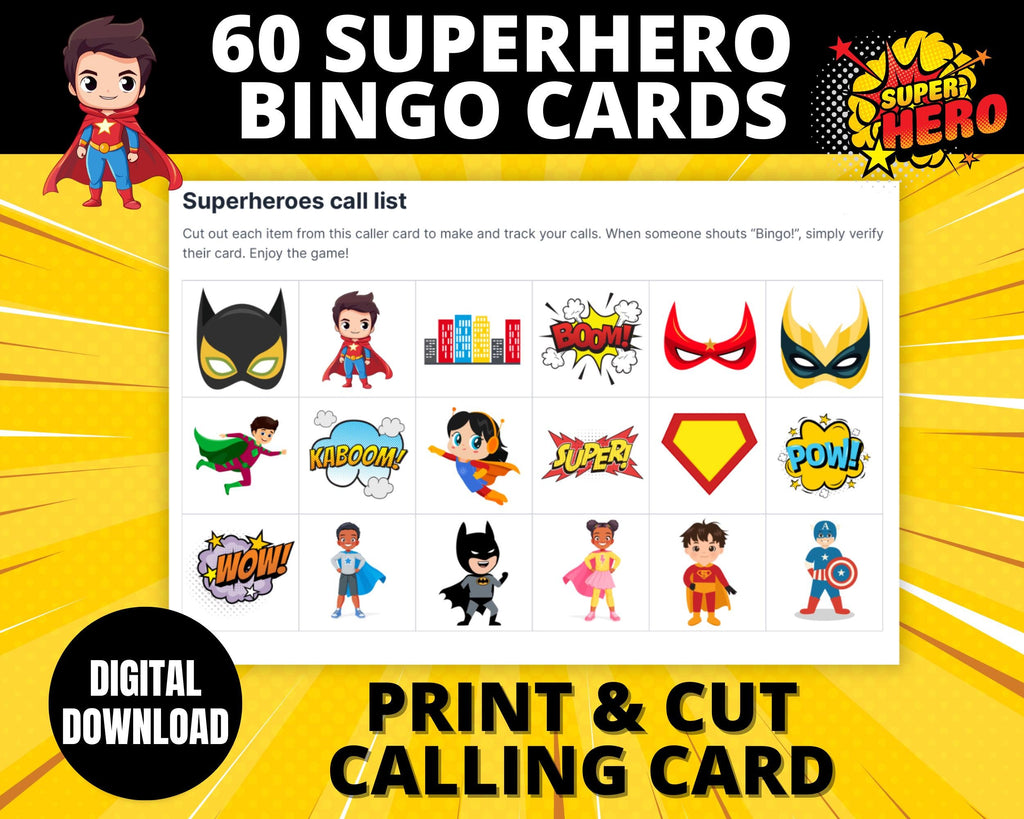 Superhero Bingo Cards | Printable Superhero Birthday Party Game | Kids Party Activity