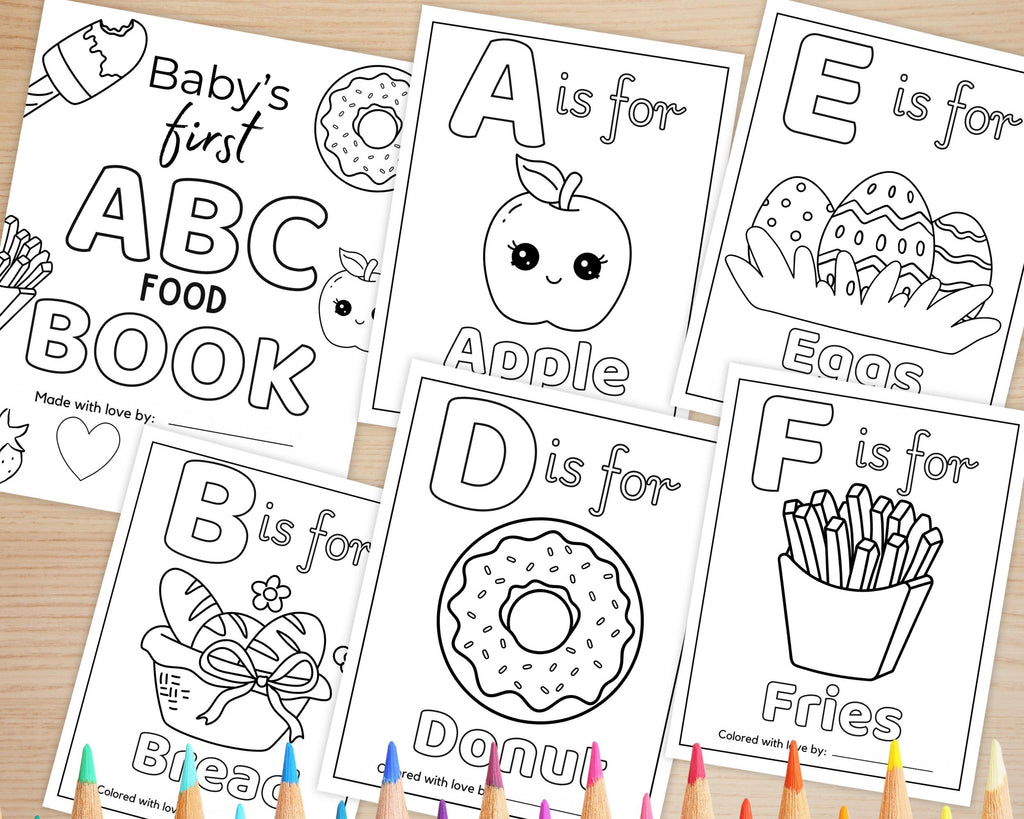 ABC Baby Shower Coloring Book | Personalized Baby's First ABC Book, Baby Shower Activity, Printable Alphabet Food Coloring Book Pages