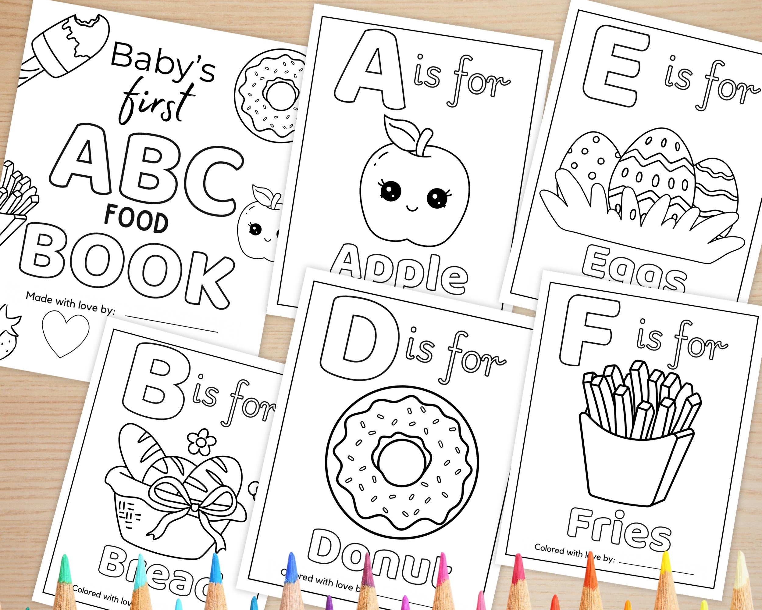 ABC Baby Shower Coloring Book | Personalized Baby's First ABC Book, Baby Shower Activity, Printable Alphabet Food Coloring Book Pages