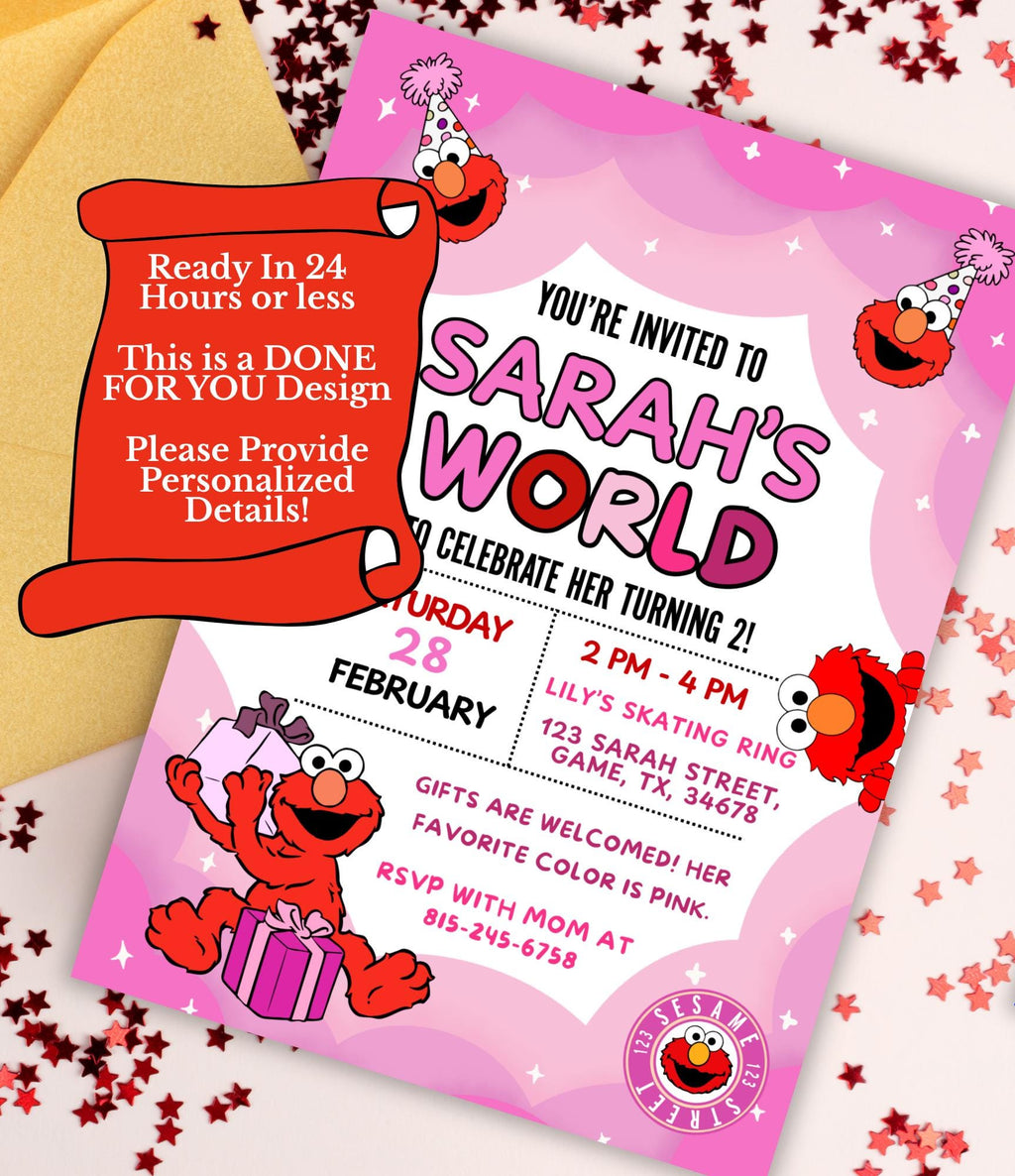 Custom Girly Elmo Birthday Invitation  | Sesame Street Birthday Party Invite