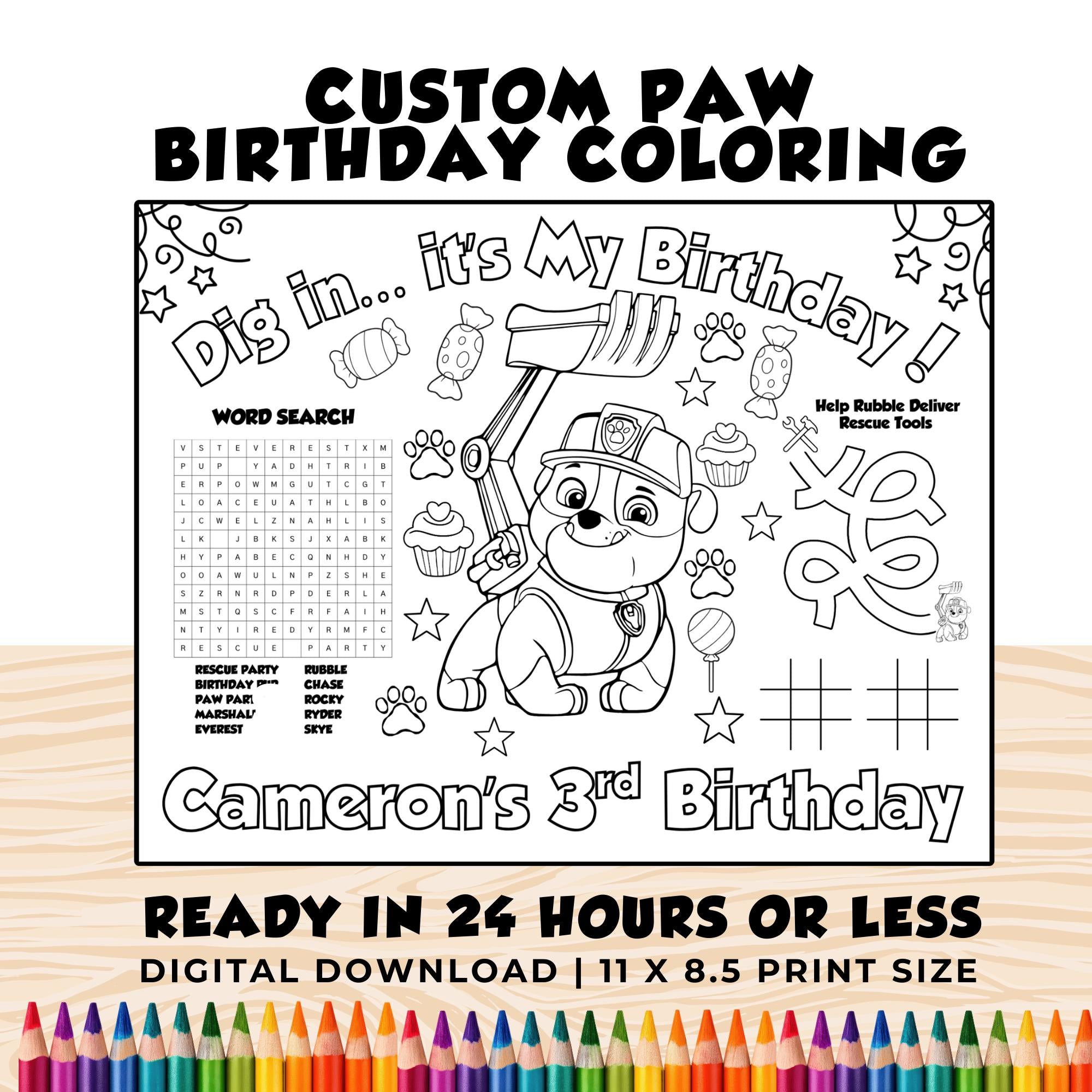 Personalized Paw Dogs Birthday Coloring | Printable Rubble Birthday Coloring Page | Paw Party Favors | Done for You Design Birthday Coloring
