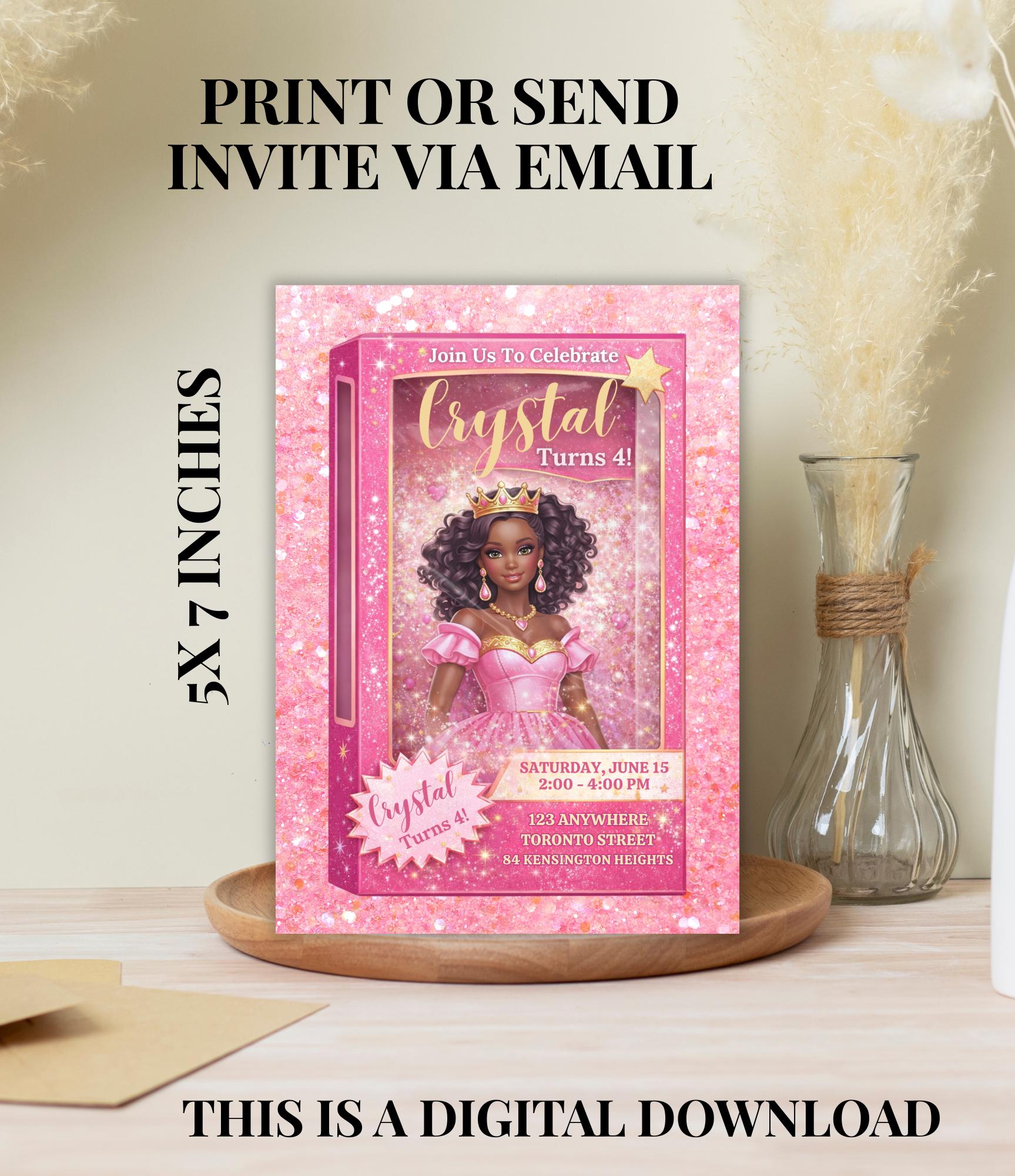 Custom Black Princess Invitation Card | Personalized Fashion Doll Birthday Card | Digital Girls Party Invitation |  Doll Birthday Party