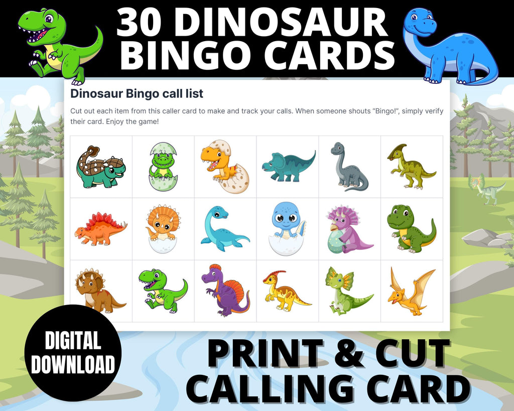 Dinosaur Bingo Game | Dinosaur Birthday Bingo Cards | Fun Dinosaur Party Game For Kids, T-rex Birthday Printable Activity