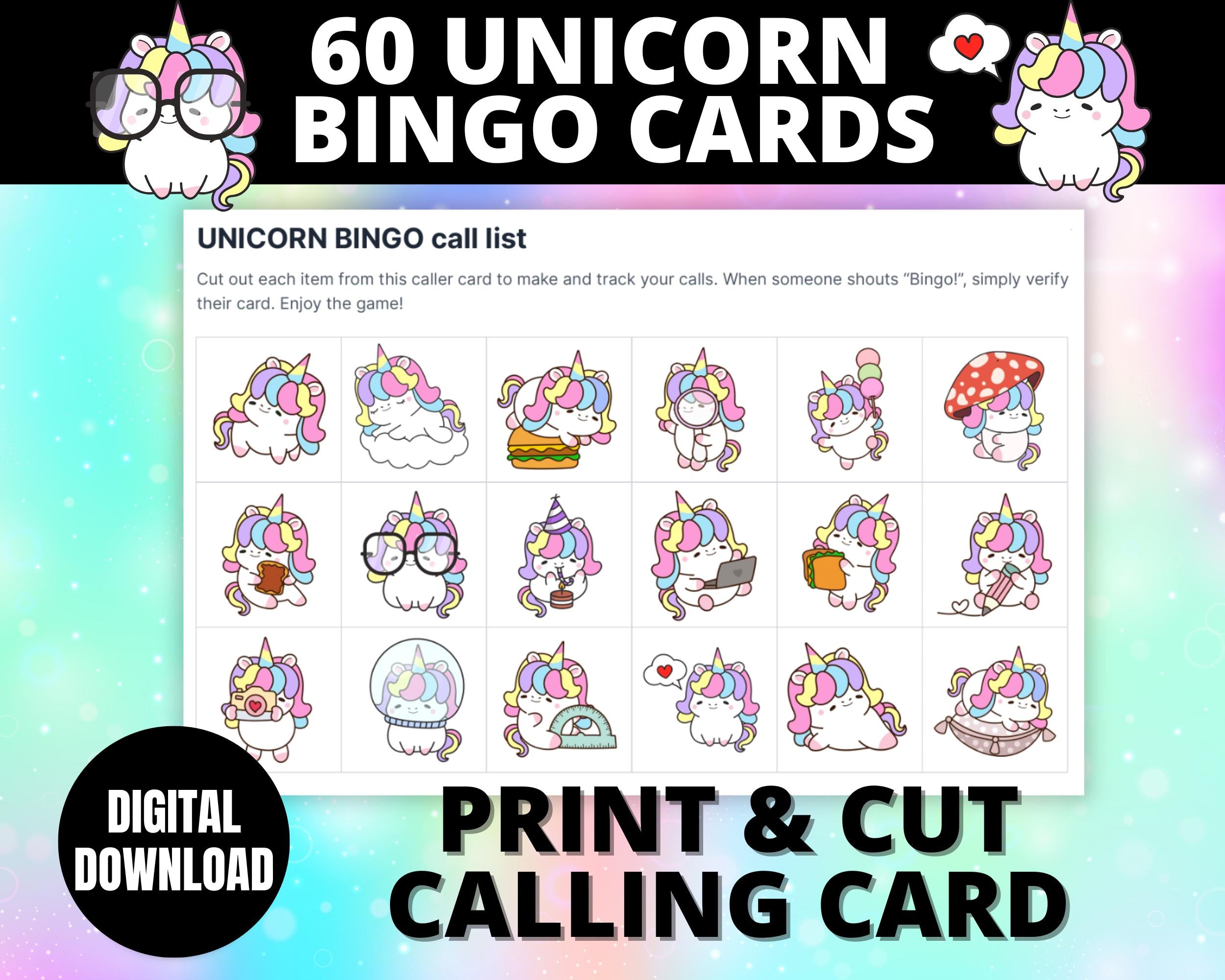 Unicorn Bingo Cards | Printable Unicorn Birthday Party Game |  Kids Unicorn Birthday Activity