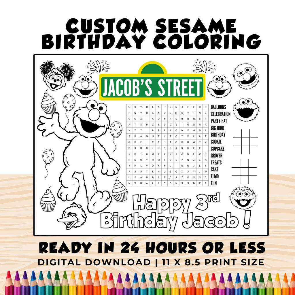 Custom Elmo Birthday Coloring  | Sesame Birthday Party Activity | Sesame Party Favors | Printable Elmo & Friends Birthday Placemat