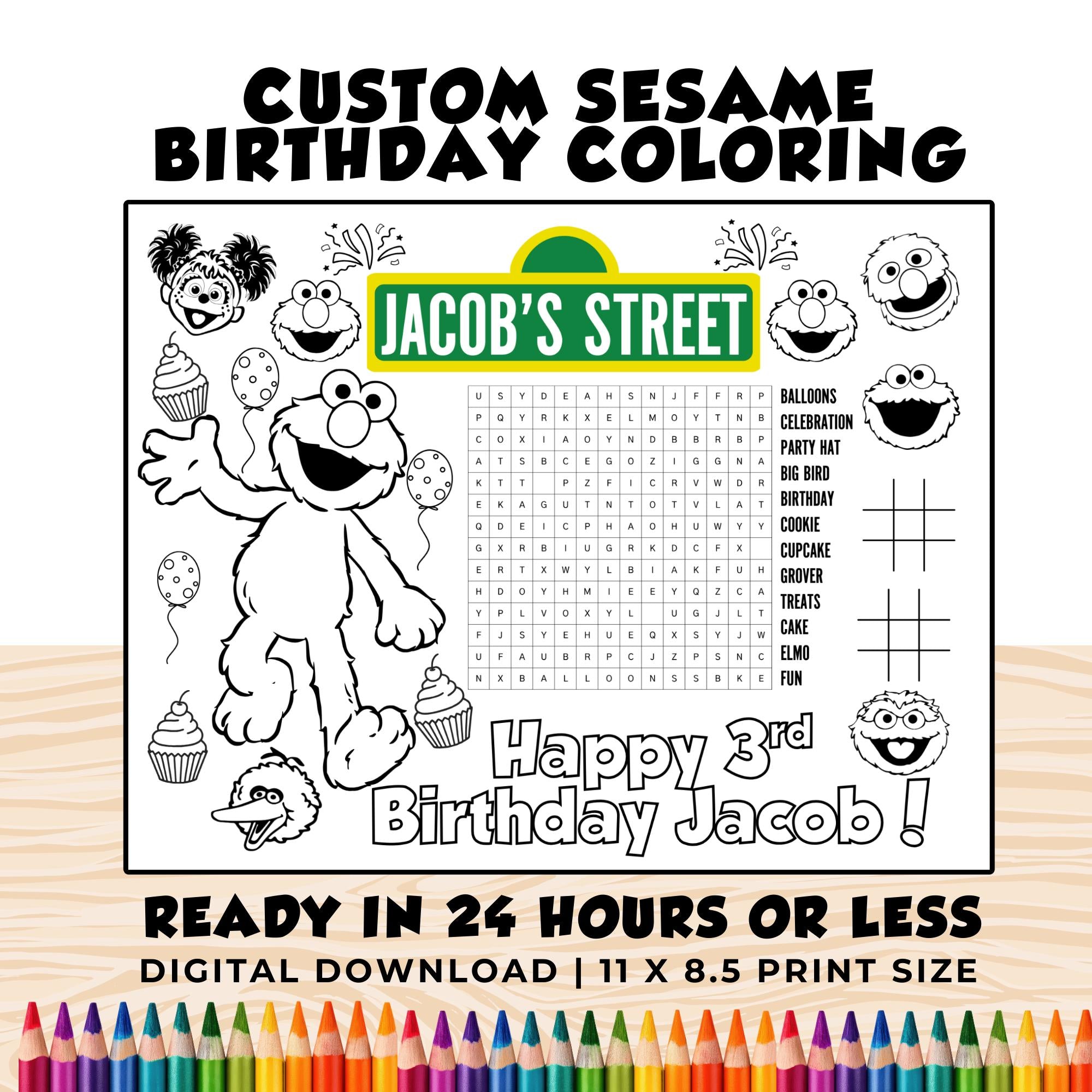 Custom Elmo Birthday Coloring  | Sesame Birthday Party Activity | Sesame Party Favors | Printable Elmo & Friends Birthday Placemat