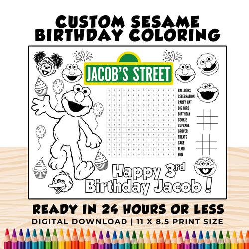 Custom Elmo Birthday Coloring  | Sesame Birthday Party Activity | Sesame Party Favors | Printable Elmo & Friends Birthday Placemat