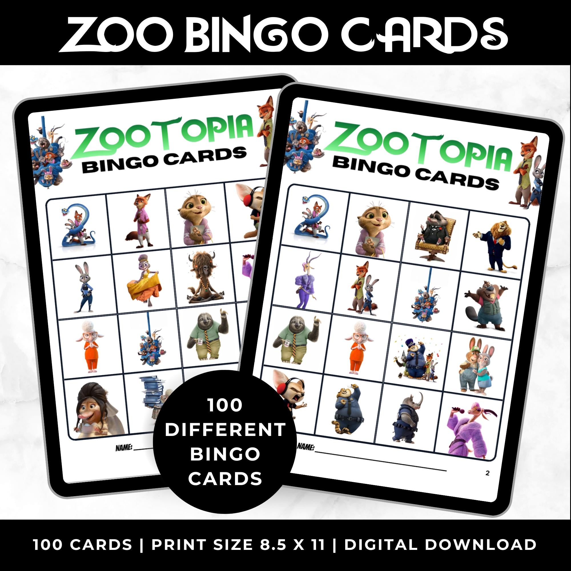 ZooTopia Movie Bingo Cards | Family Movie Night Game