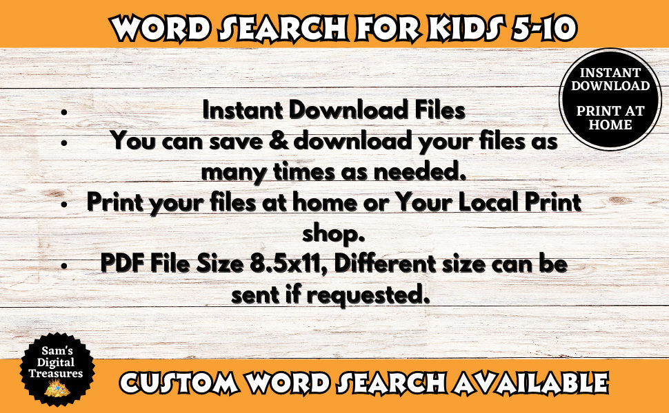 Promotional text for word search for kids with download and print options on a wooden background.