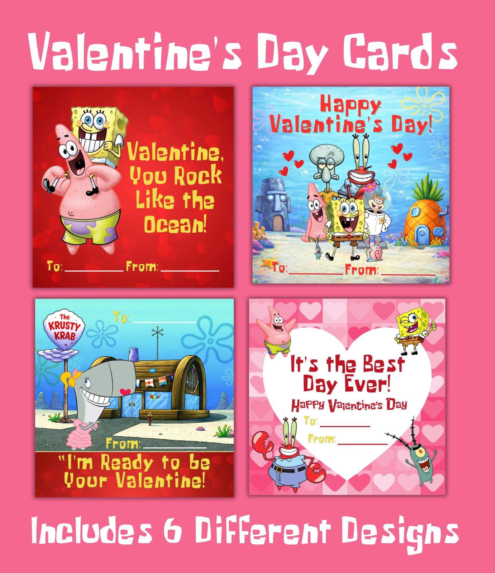 SpongeBob Valentine Day Cards | Cartoon Valentine Cards for Classroom| Cartoon Underwater Valentines