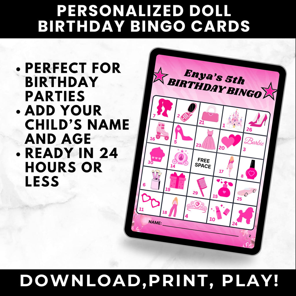 Custom Fashion Doll Birthday Bingo Cards for Girls Party | Printable Bingo Cards for Kids Birthday Activity |