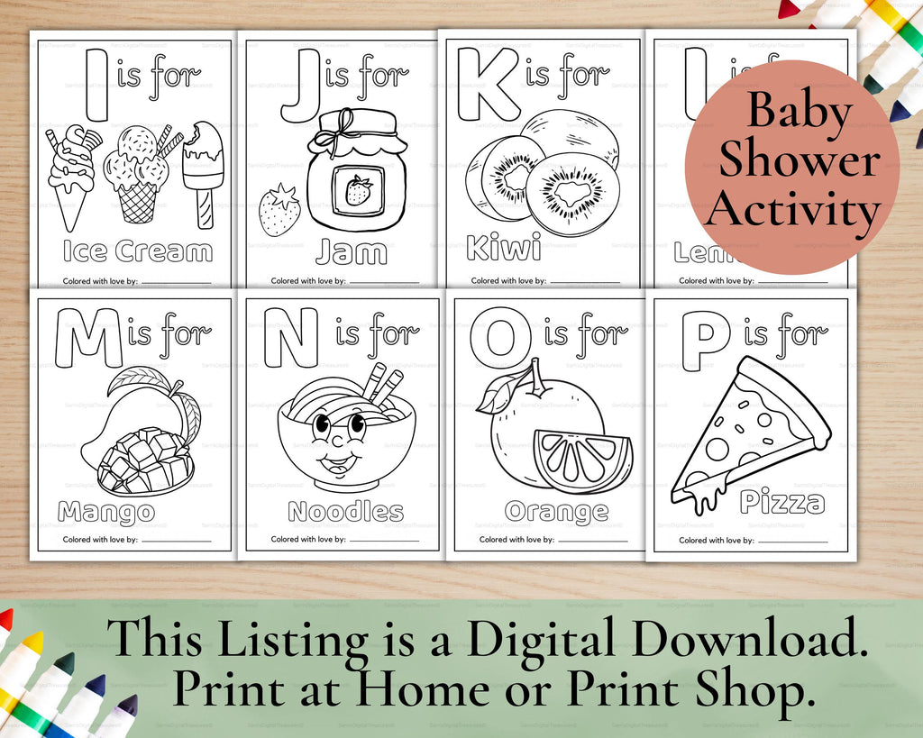 ABC Baby Shower Coloring Book | Personalized Baby's First ABC Book, Baby Shower Activity, Printable Alphabet Food Coloring Book Pages