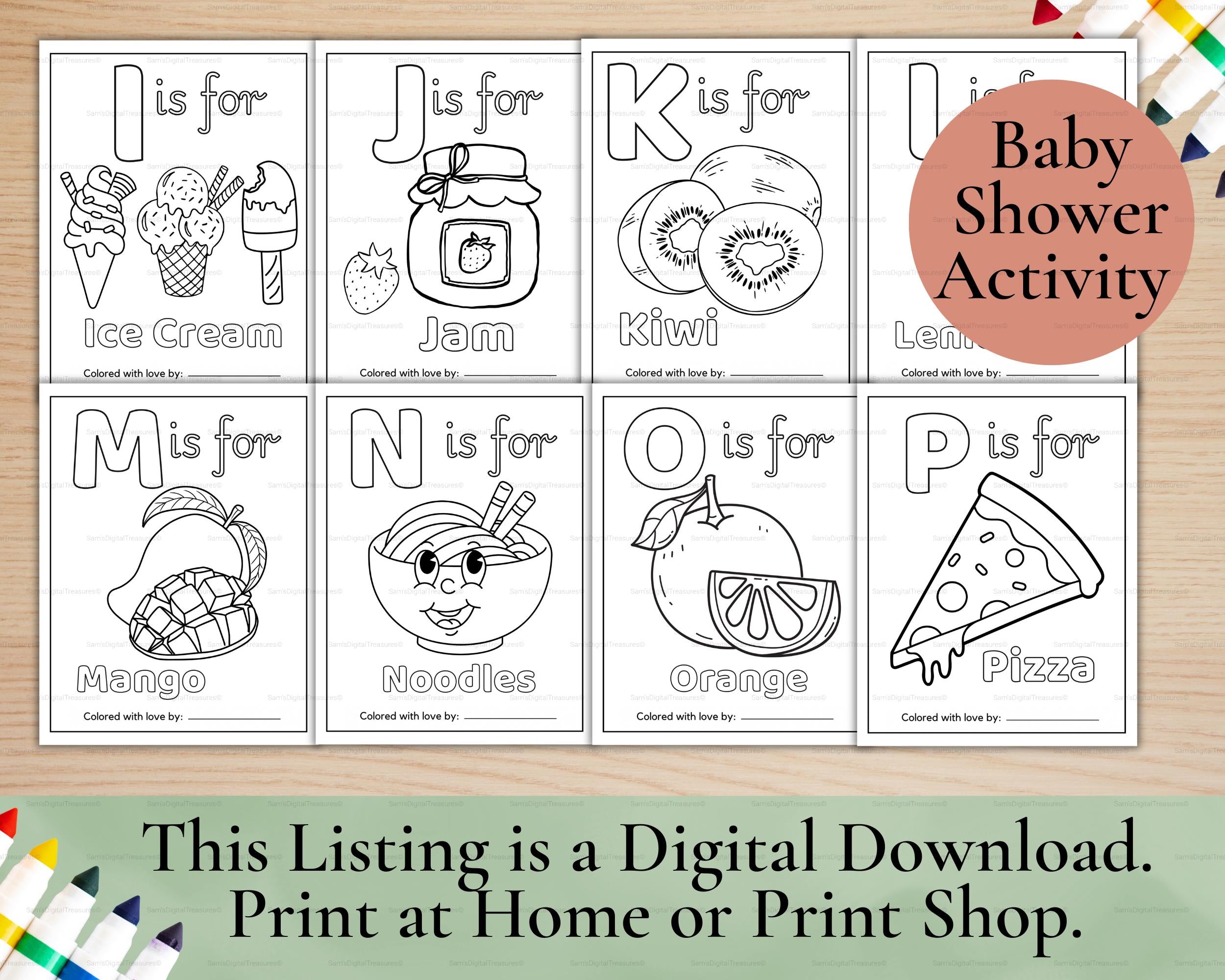 ABC Baby Shower Coloring Book | Personalized Baby's First ABC Book, Baby Shower Activity, Printable Alphabet Food Coloring Book Pages