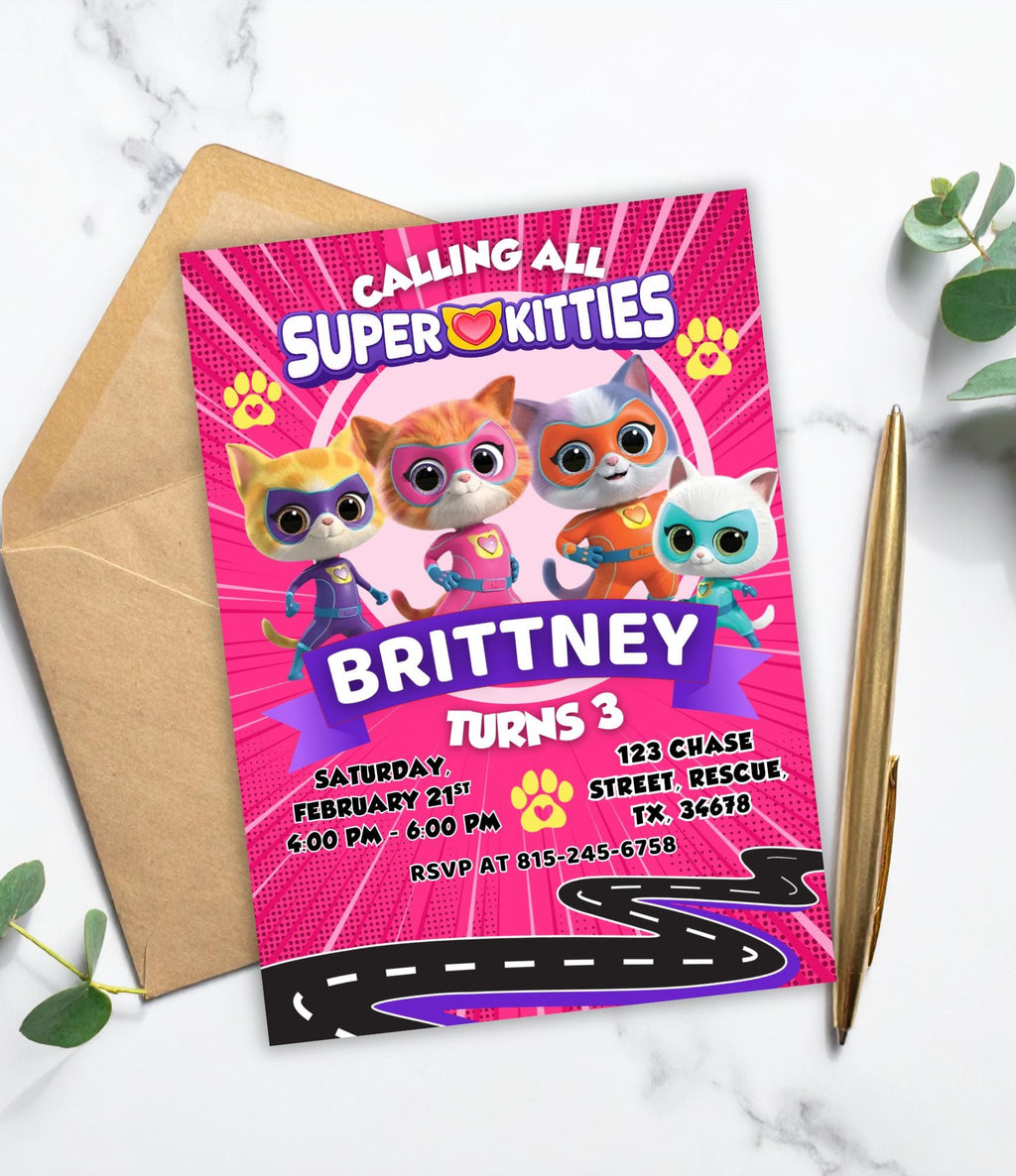 Super Kitty Birthday Invitation for Kids | Kitty Themed Birthday Invite | Done for Kids Birthday Invitation | Kitty Party for Girls