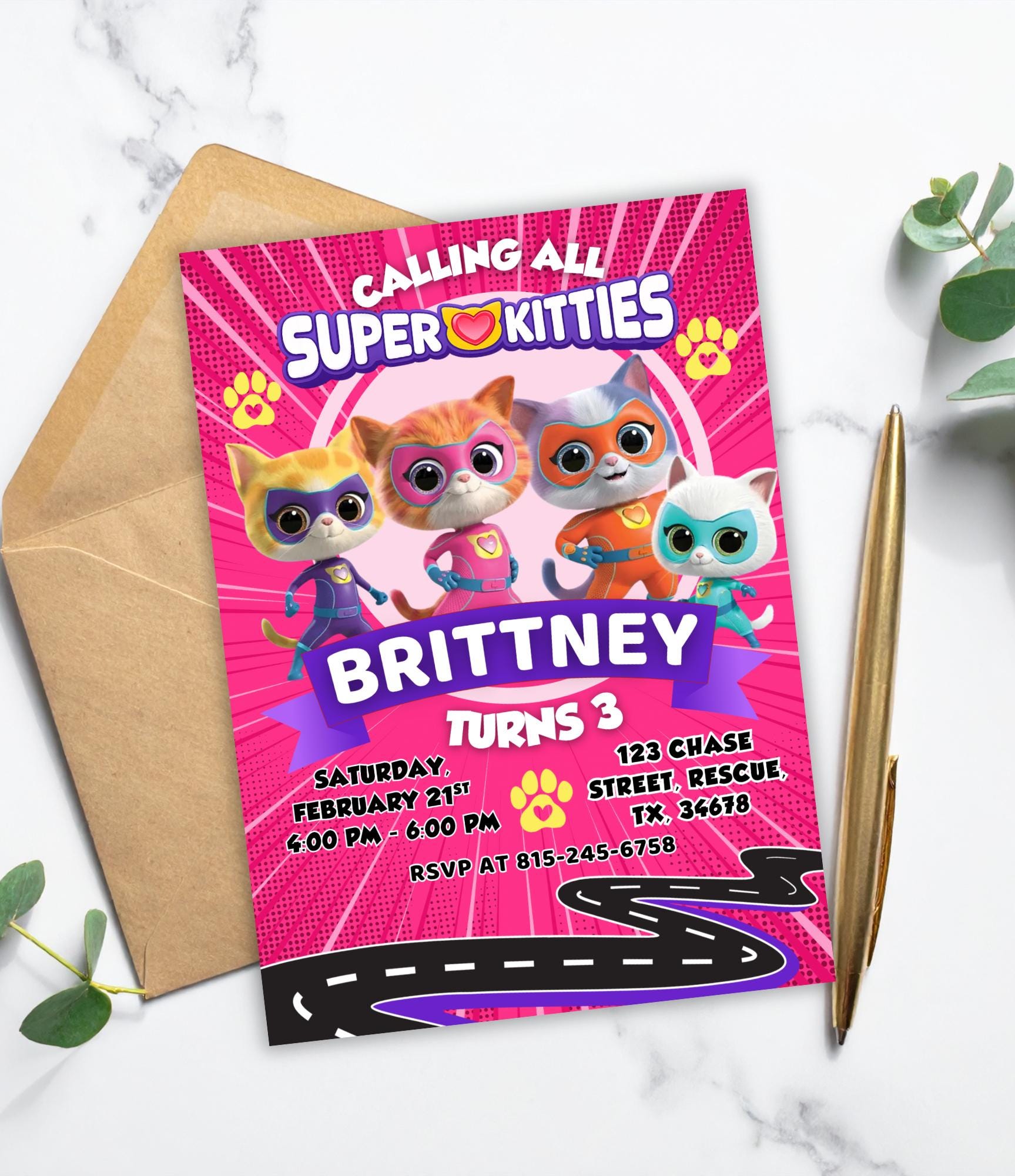 Super Kitty Birthday Invitation for Kids | Kitty Themed Birthday Invite | Done for Kids Birthday Invitation | Kitty Party for Girls