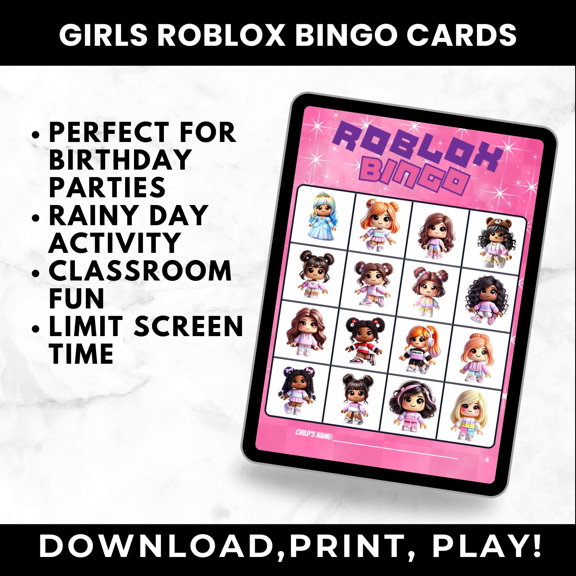 Roblox Girl Birthday Party Game | Roblox Birthday Party | Printable Bingo Cards for Kids |  Roblox Girls Party