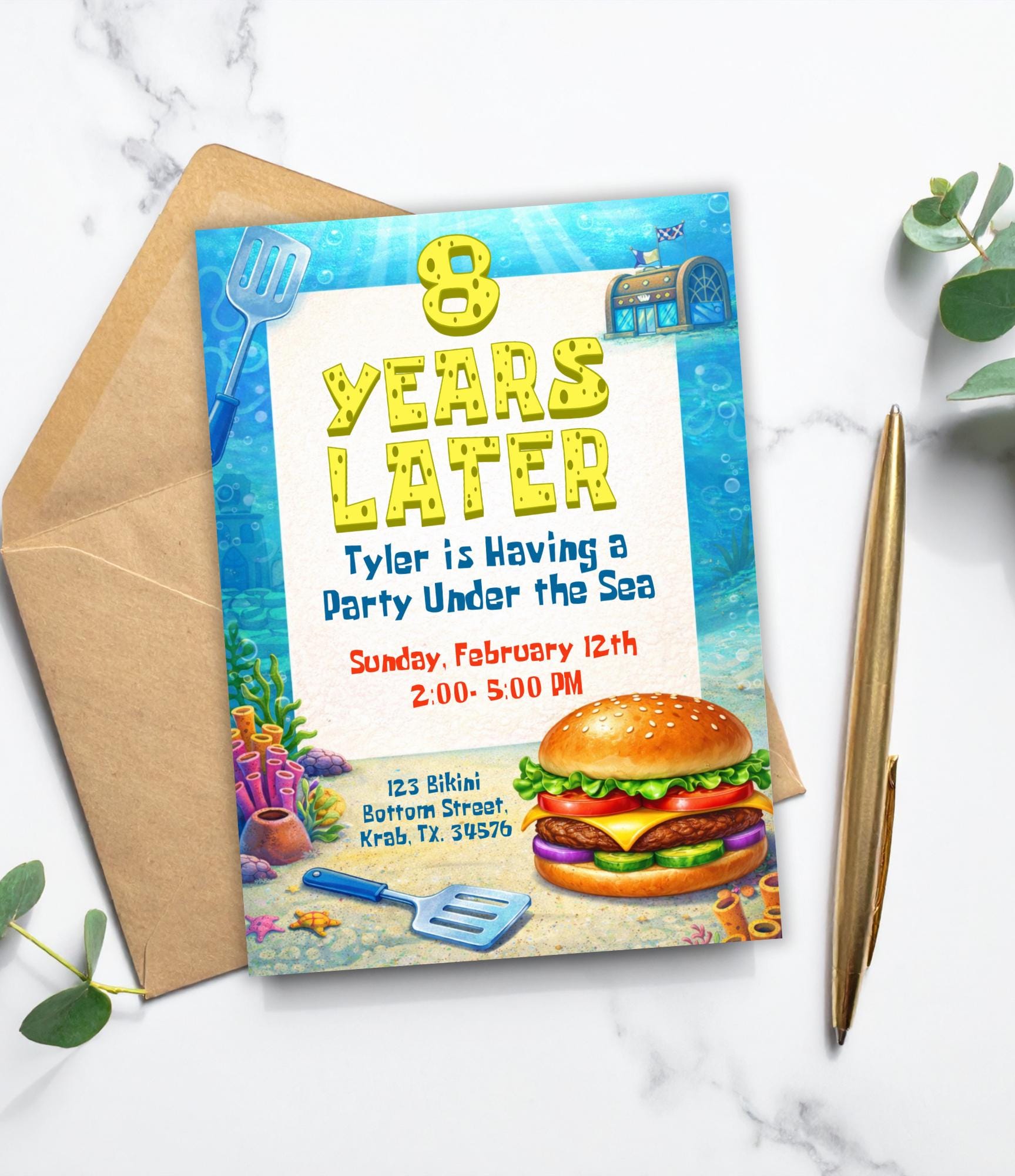 Personalized SpongeBob  Birthday Invitation | Animated Birthday Invitation Ocean Party Template | Cartoon Party Invitation