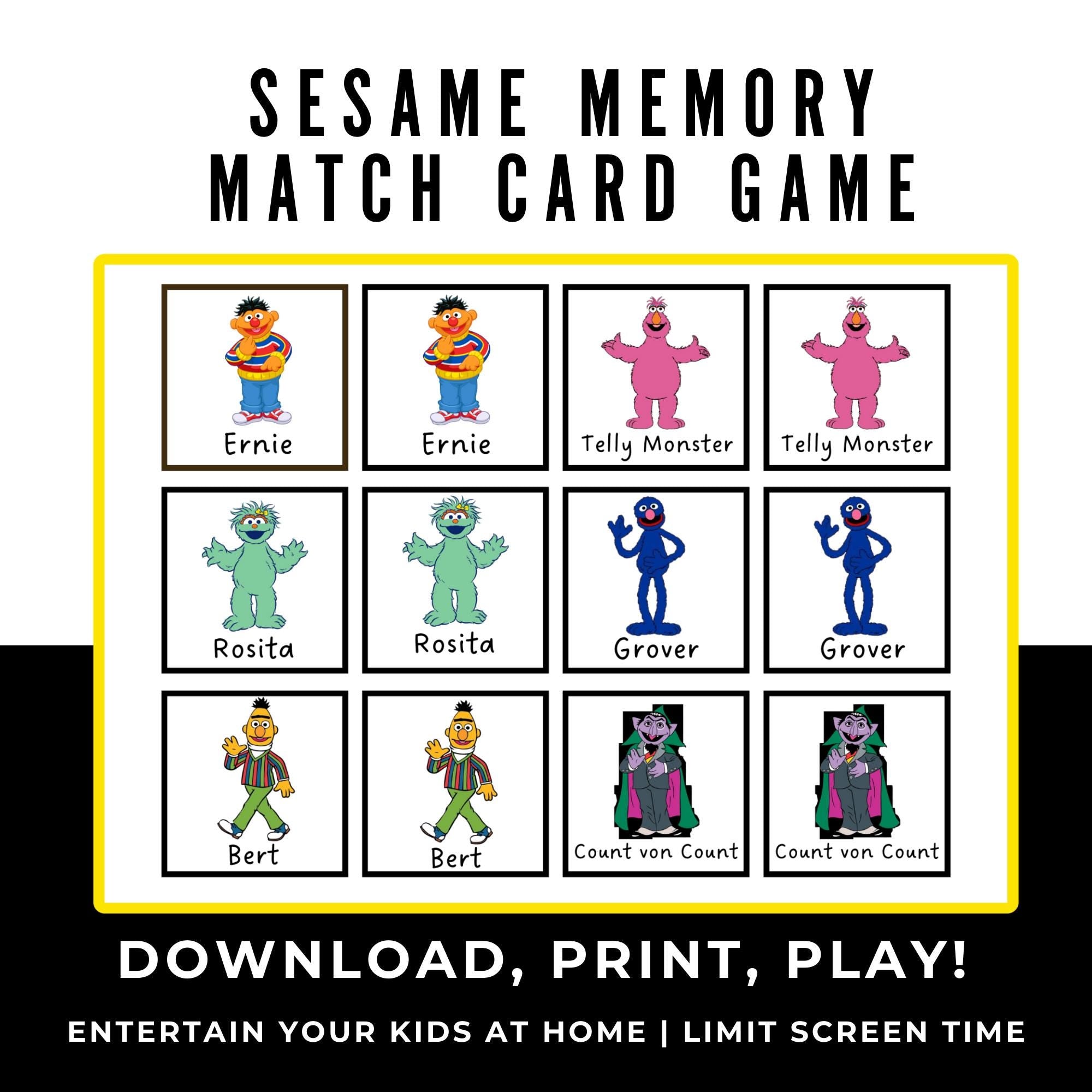 Sesame Memory Matching Card Game | Sesame Birthday Party Game | Sesame Party Favors | Printable Memory Card Game | Limit Screen Time Game