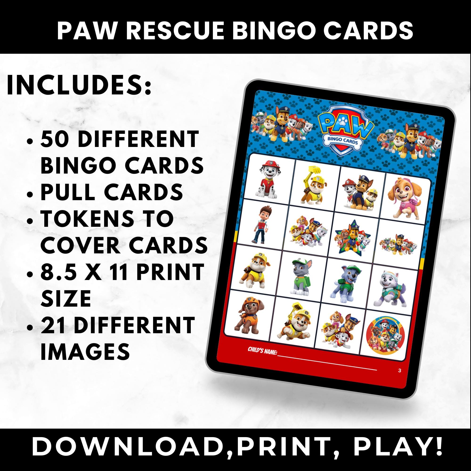 Paw Patrol Bingo Cards for Birthday Parties | Printable Bingo Cards for Kids | Paw Patrol Party Favors | Paw Birthday Game