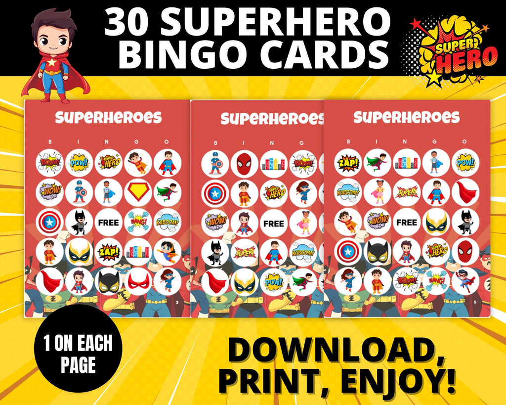 Superhero Bingo Cards | Printable Superhero Birthday Party Game | Kids Comic Party Activity