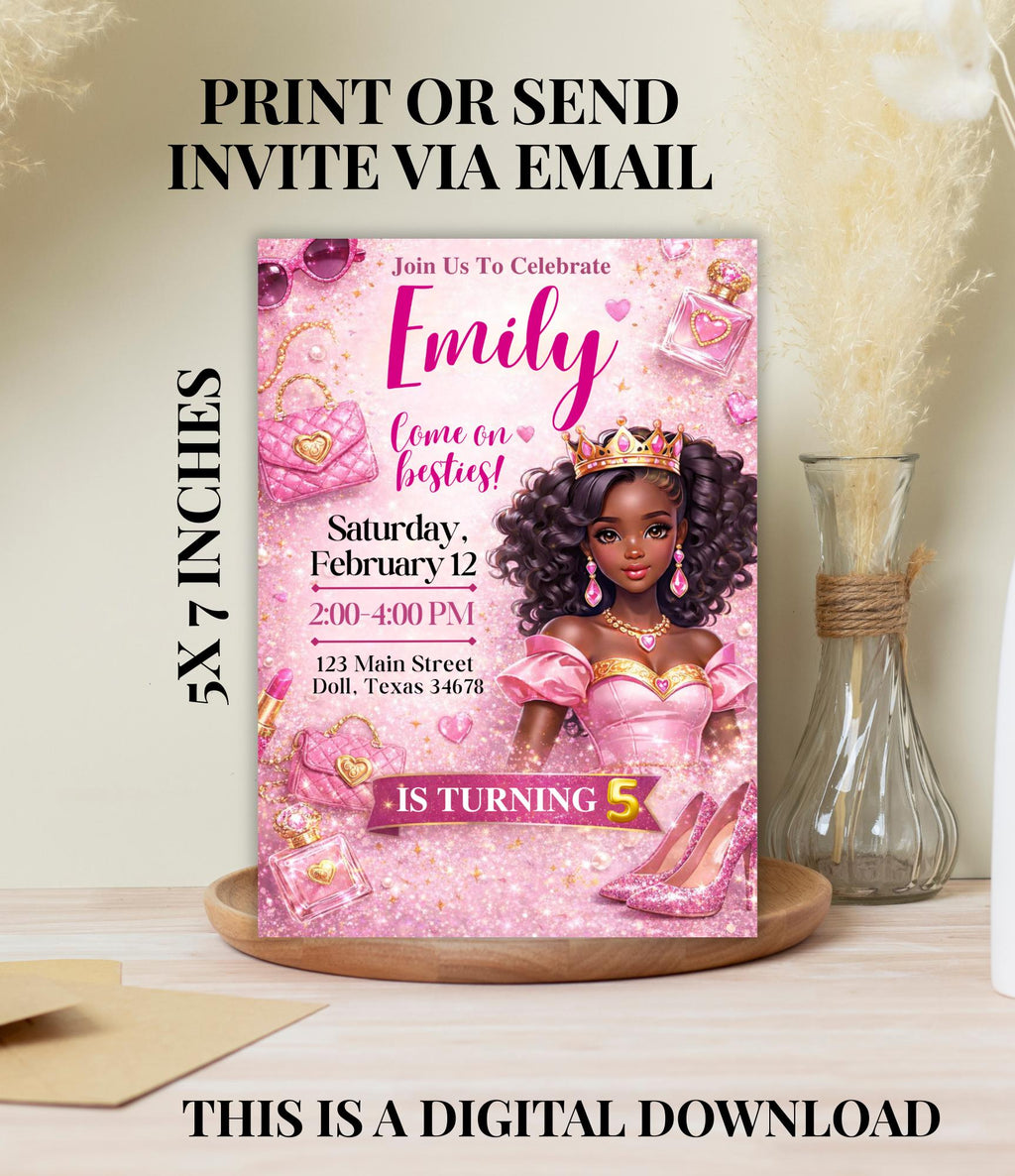 Custom Black Princess Invitation Card | Personalized Princess Birthday Card | Custom Digital Girls Party Invitation |  Doll Birthday Party