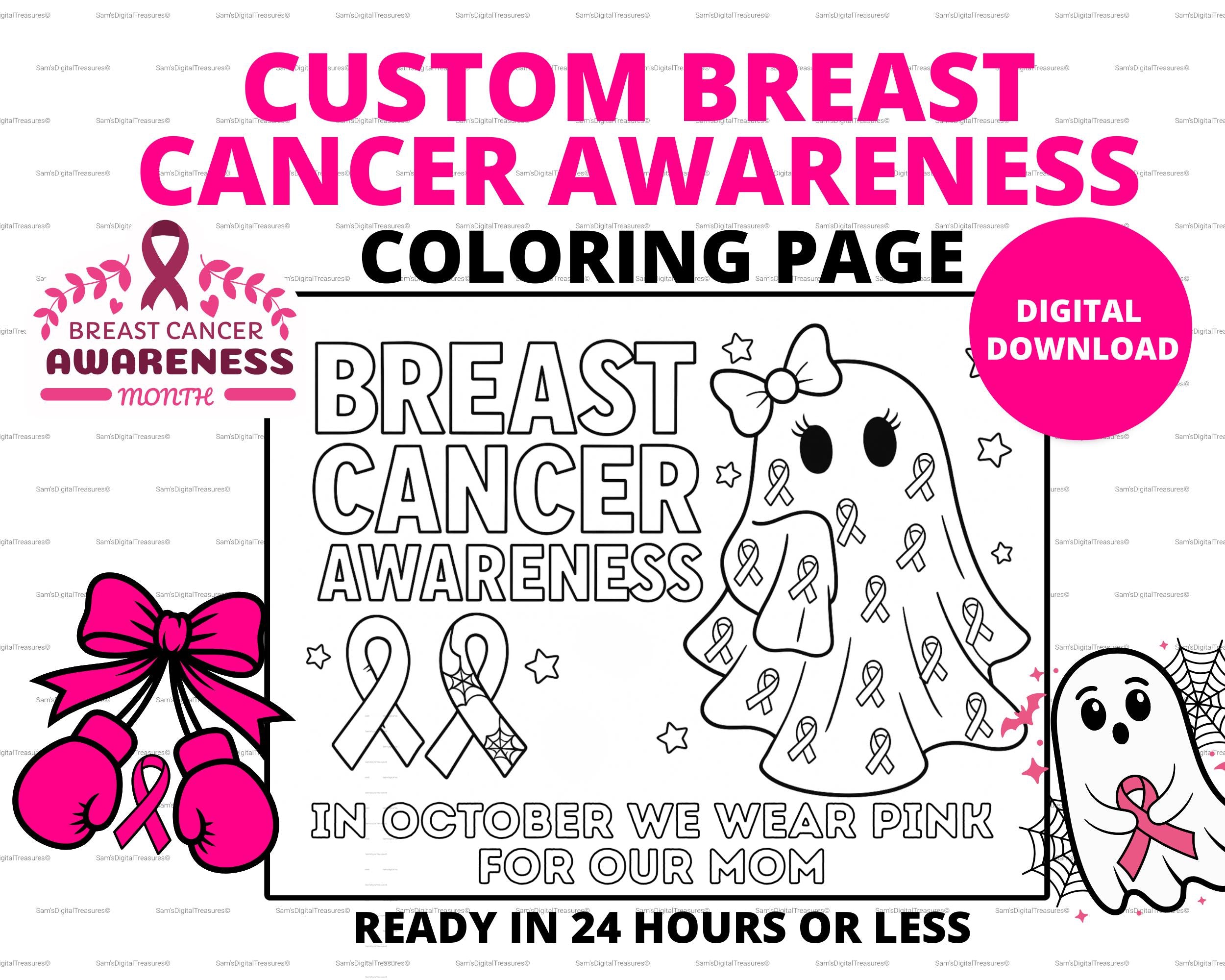Custom Halloween Breast Cancer Awareness Coloring Page | In October We Wear Pink | Printable Coloring Sheet | Pink Ribbon Designs Digital