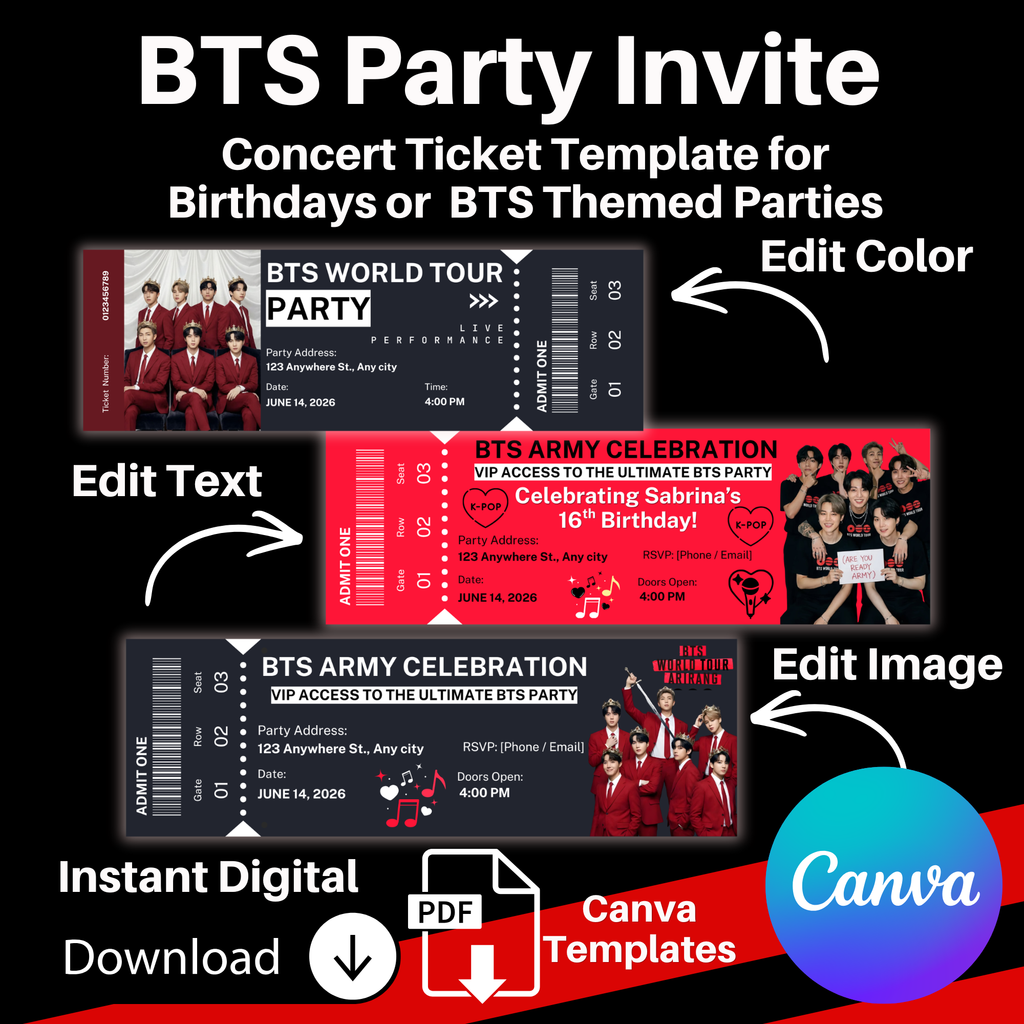 BTS Party Invitation Template | BTS Concert Ticket Invite | Editable Canva Invite | BTS Birthday Invitation | Kpop Birthday Party Invite |