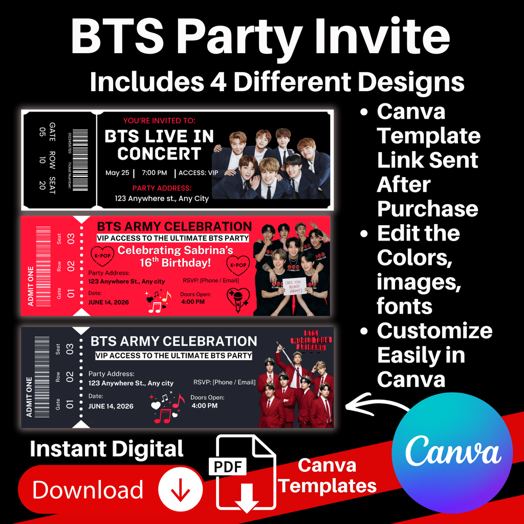 BTS Party Invitation Template | BTS Concert Ticket Invite | Editable Canva Invite | BTS Birthday Invitation | Kpop Birthday Party Invite |
