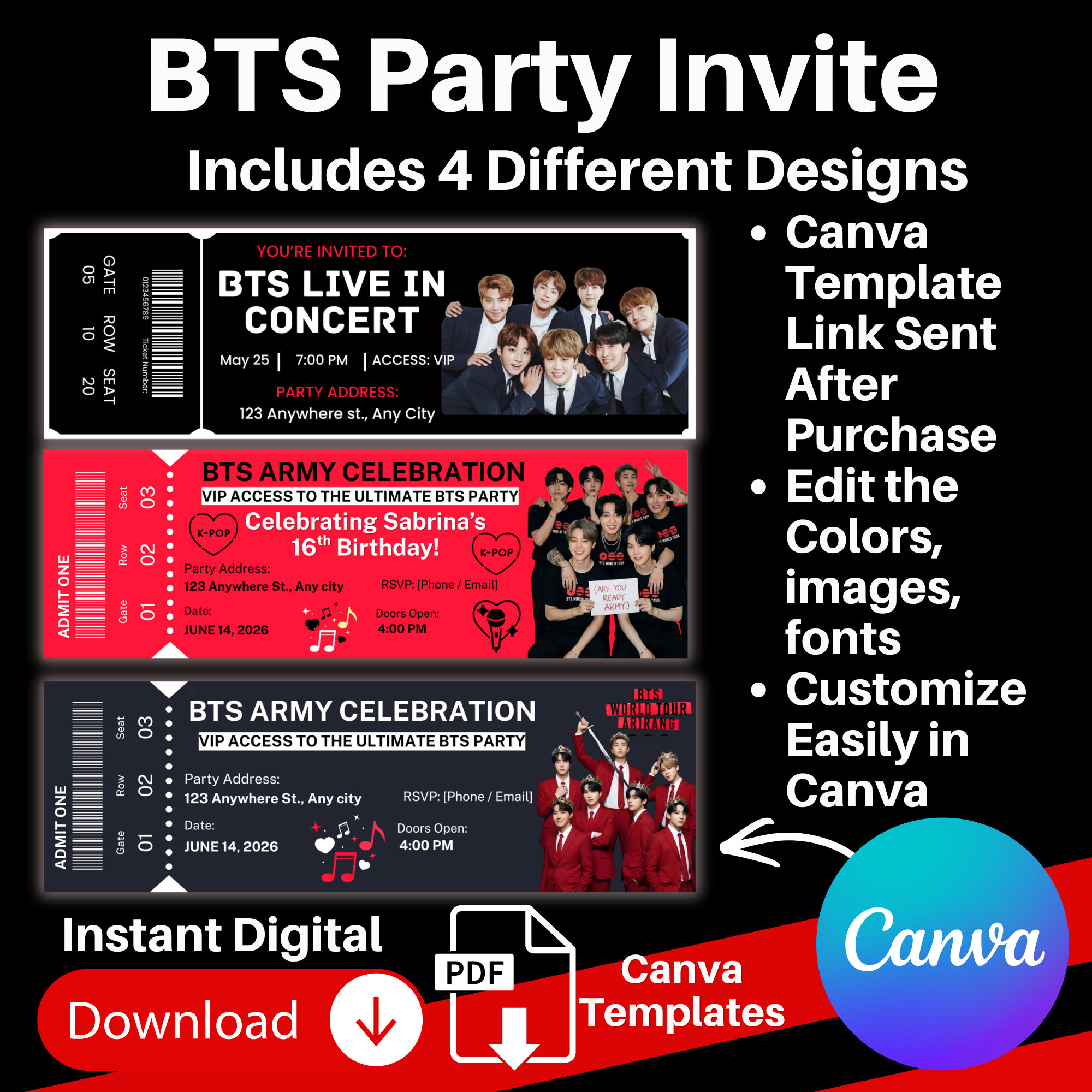 BTS Party Invitation Template | BTS Concert Ticket Invite | Editable Canva Invite | BTS Birthday Invitation | Kpop Birthday Party Invite |