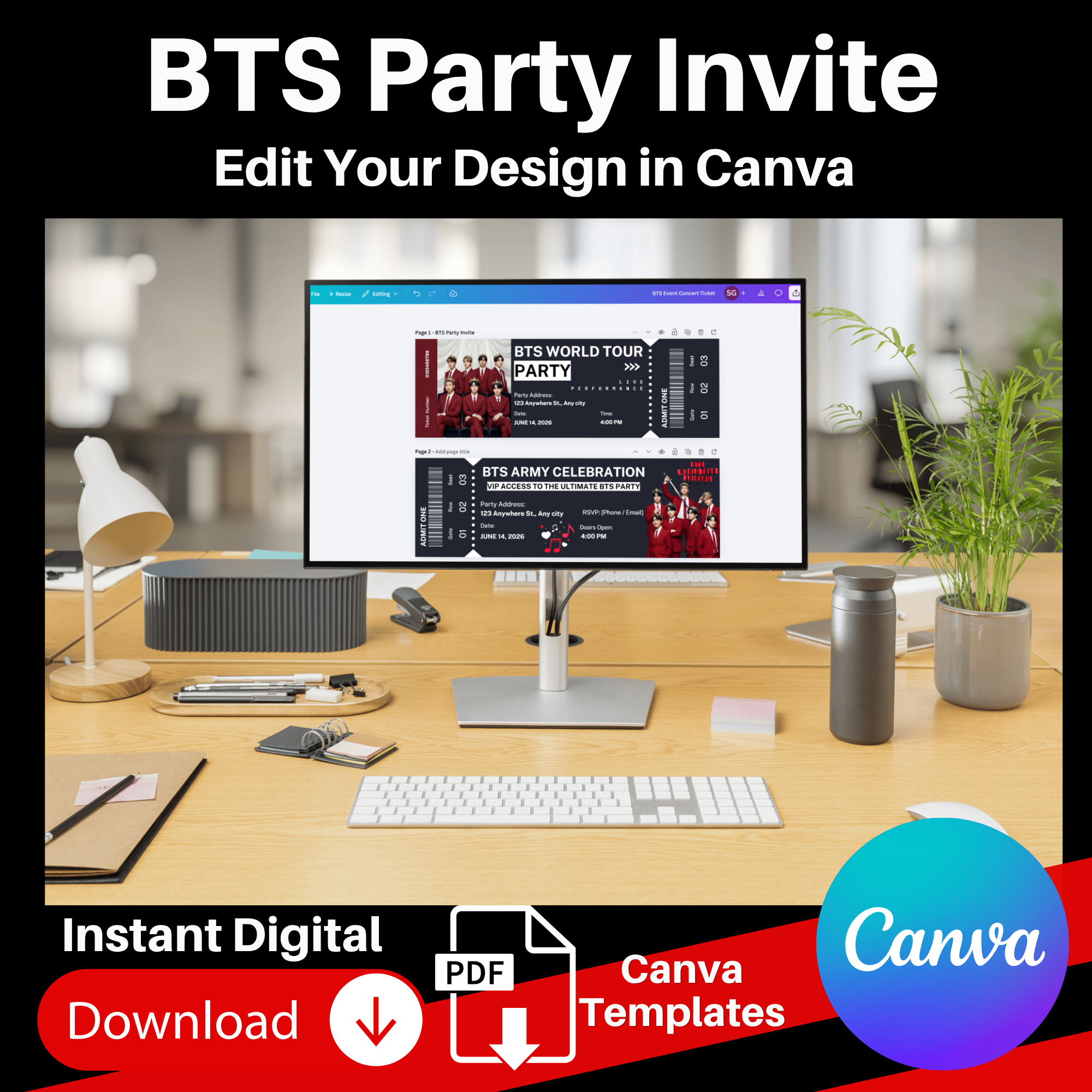 BTS Party Invitation Template | BTS Concert Ticket Invite | Editable Canva Invite | BTS Birthday Invitation | Kpop Birthday Party Invite |