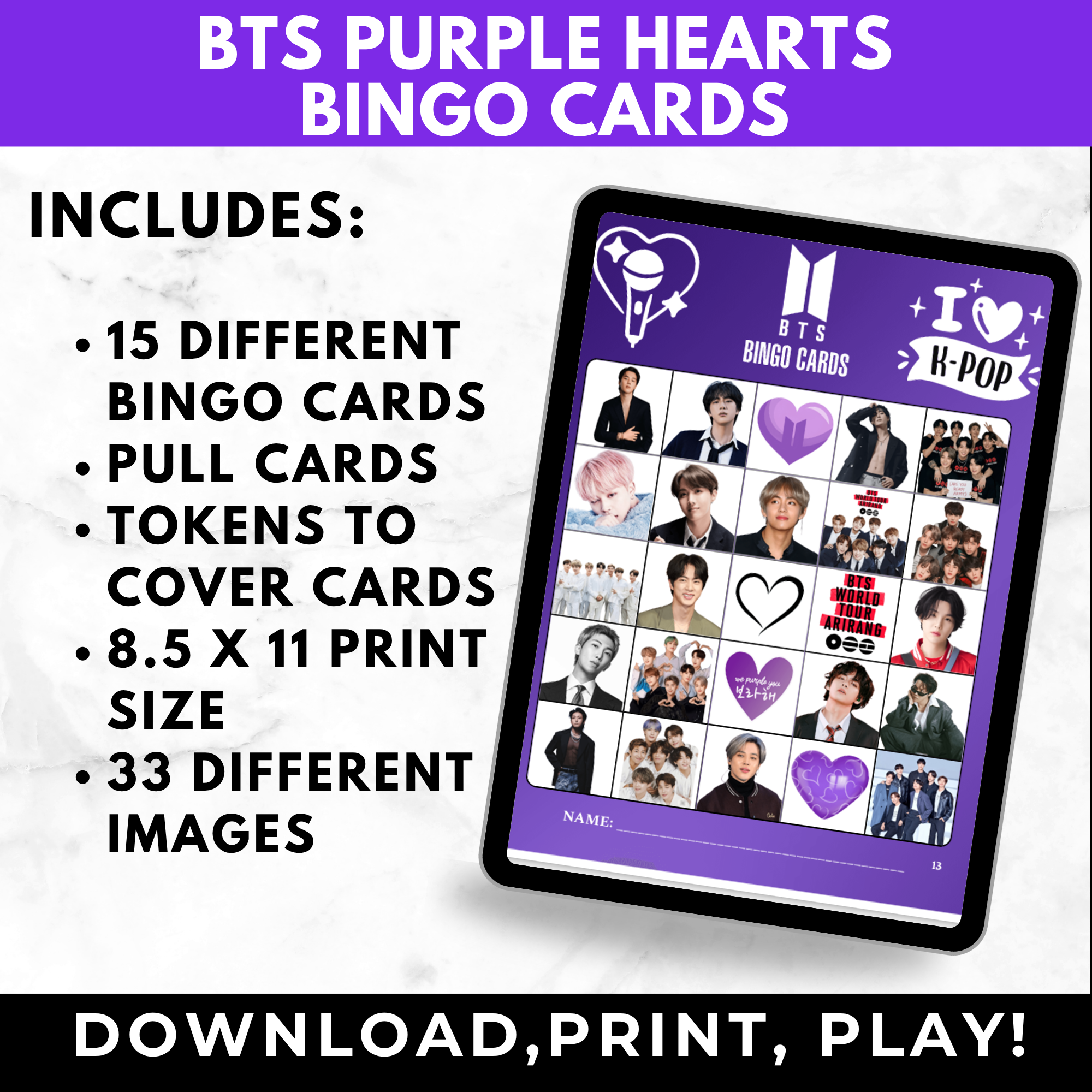 BTS Purple Hearts Bingo Cards | K-pop Fan Party Game | BTS Birthday Party Games |