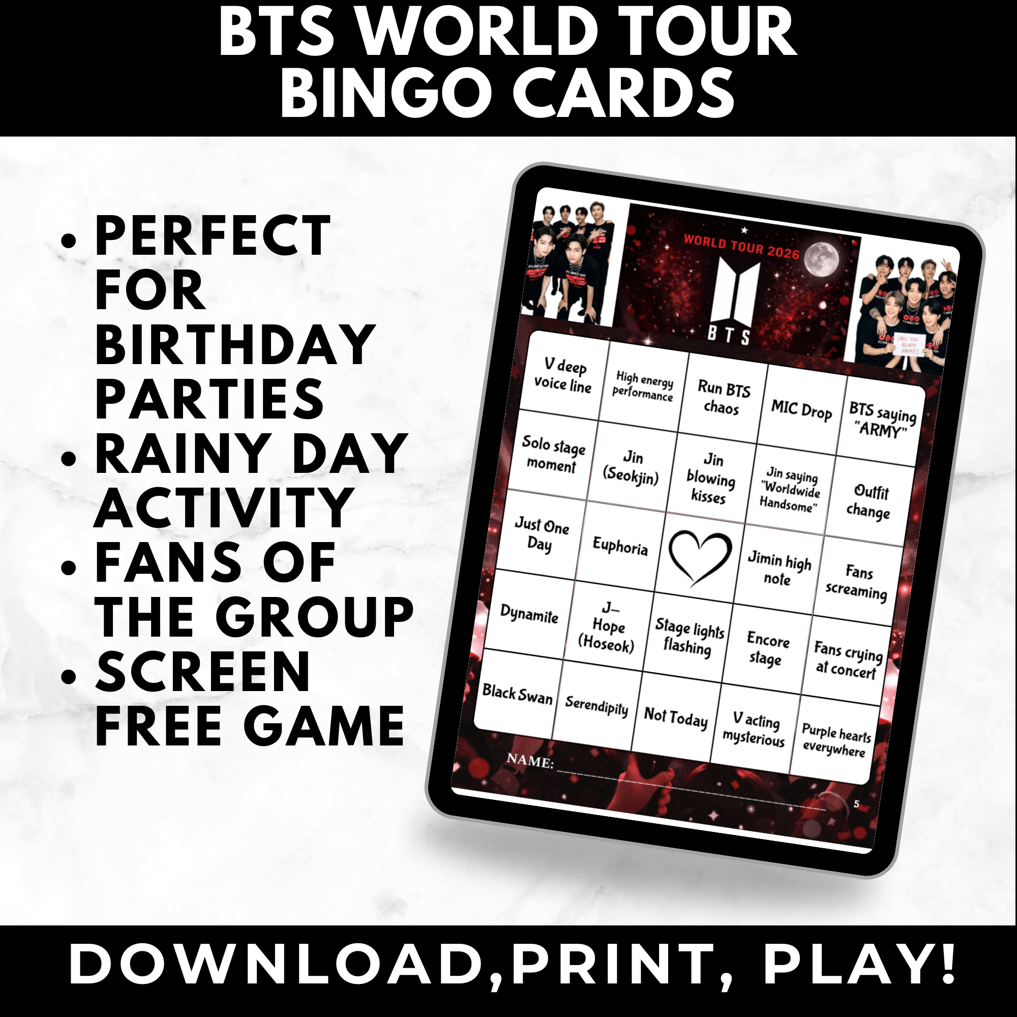 BTS World Tour Bingo Cards | K-pop Fan Party Game | BTS Birthday Party Games | Printable Bts 2026 Tour Game | ARMY Game Night