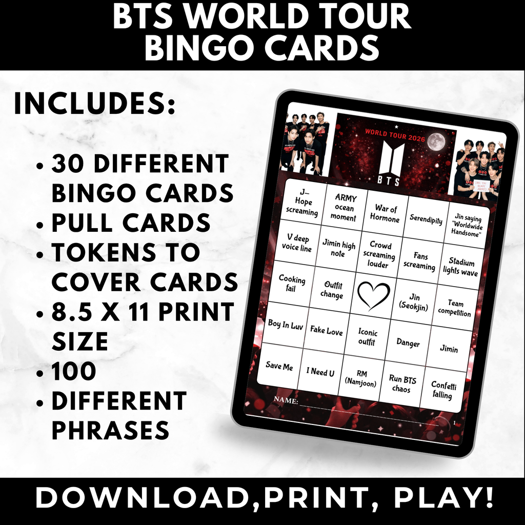 BTS World Tour Bingo Cards | K-pop Fan Party Game | BTS Birthday Party Games | Printable Bts 2026 Tour Game | ARMY Game Night