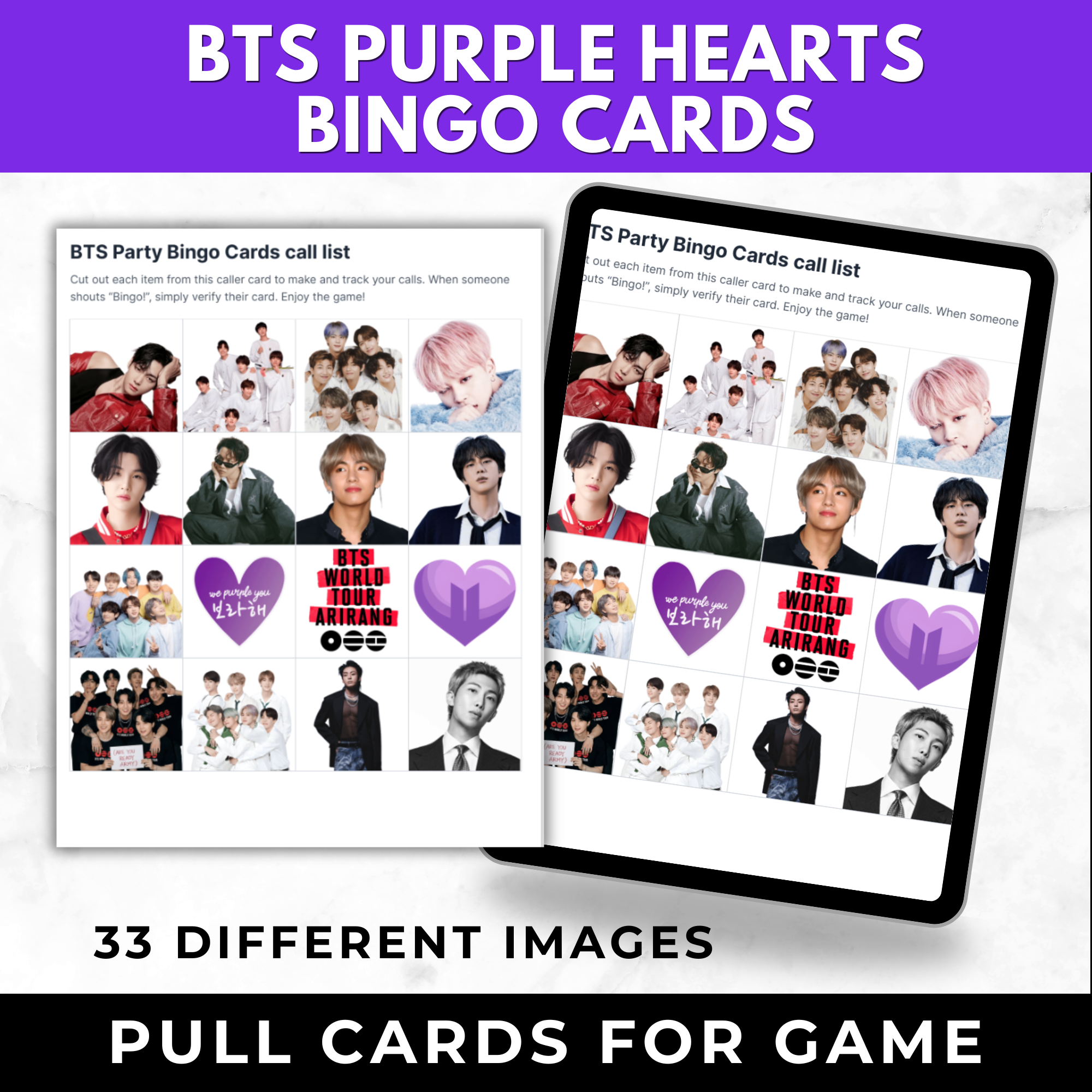 BTS Purple Hearts Bingo Cards | K-pop Fan Party Game | BTS Birthday Party Games |