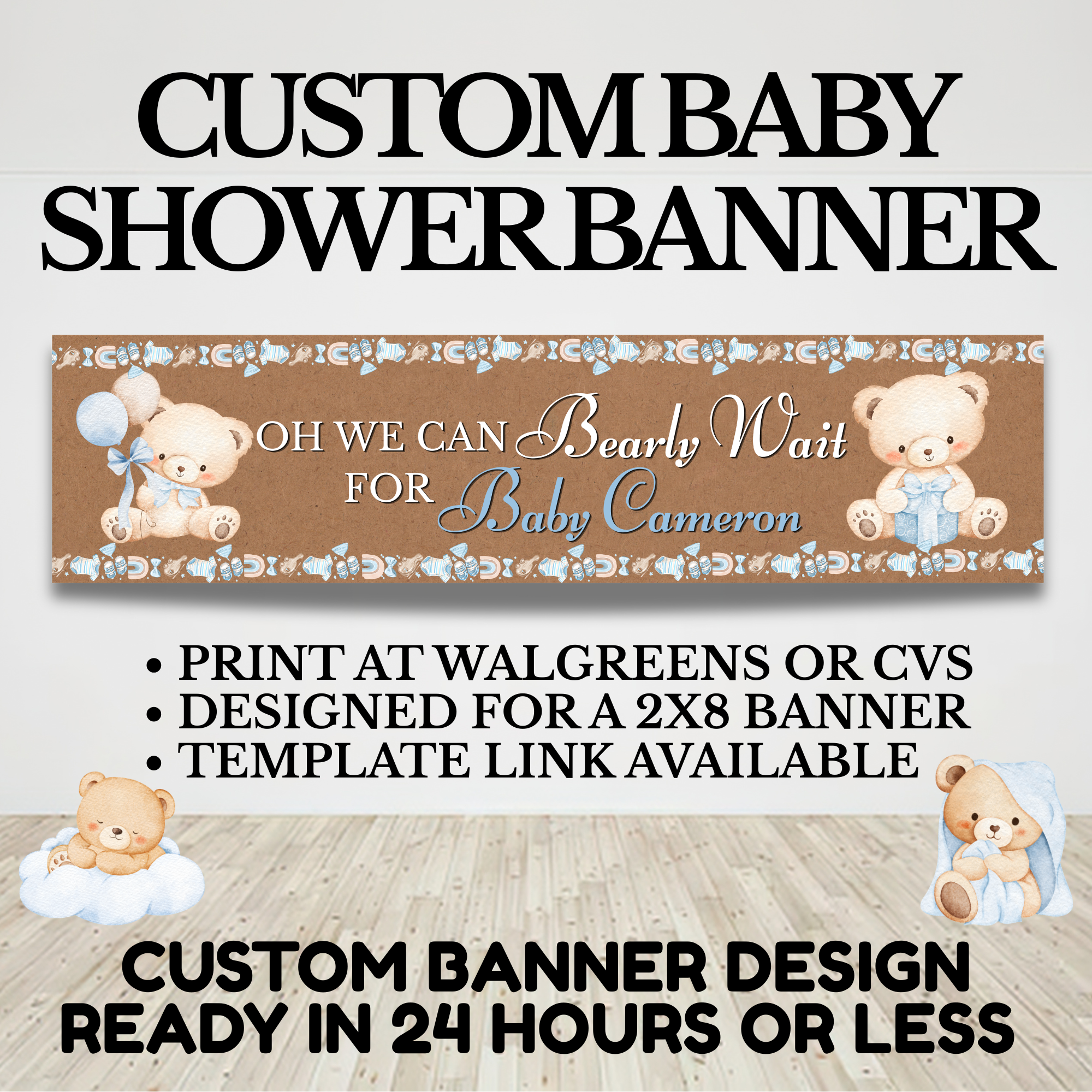 Baby Boy Baby Shower Banner “We Can Bearly Wait” | Custom Teddy Bear Banner 2x8 ft | Printable Baby Shower Decor