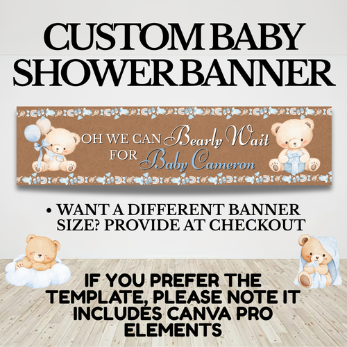 Baby Boy Baby Shower Banner “We Can Bearly Wait” | Custom Teddy Bear Banner 2x8 ft | Printable Baby Shower Decor