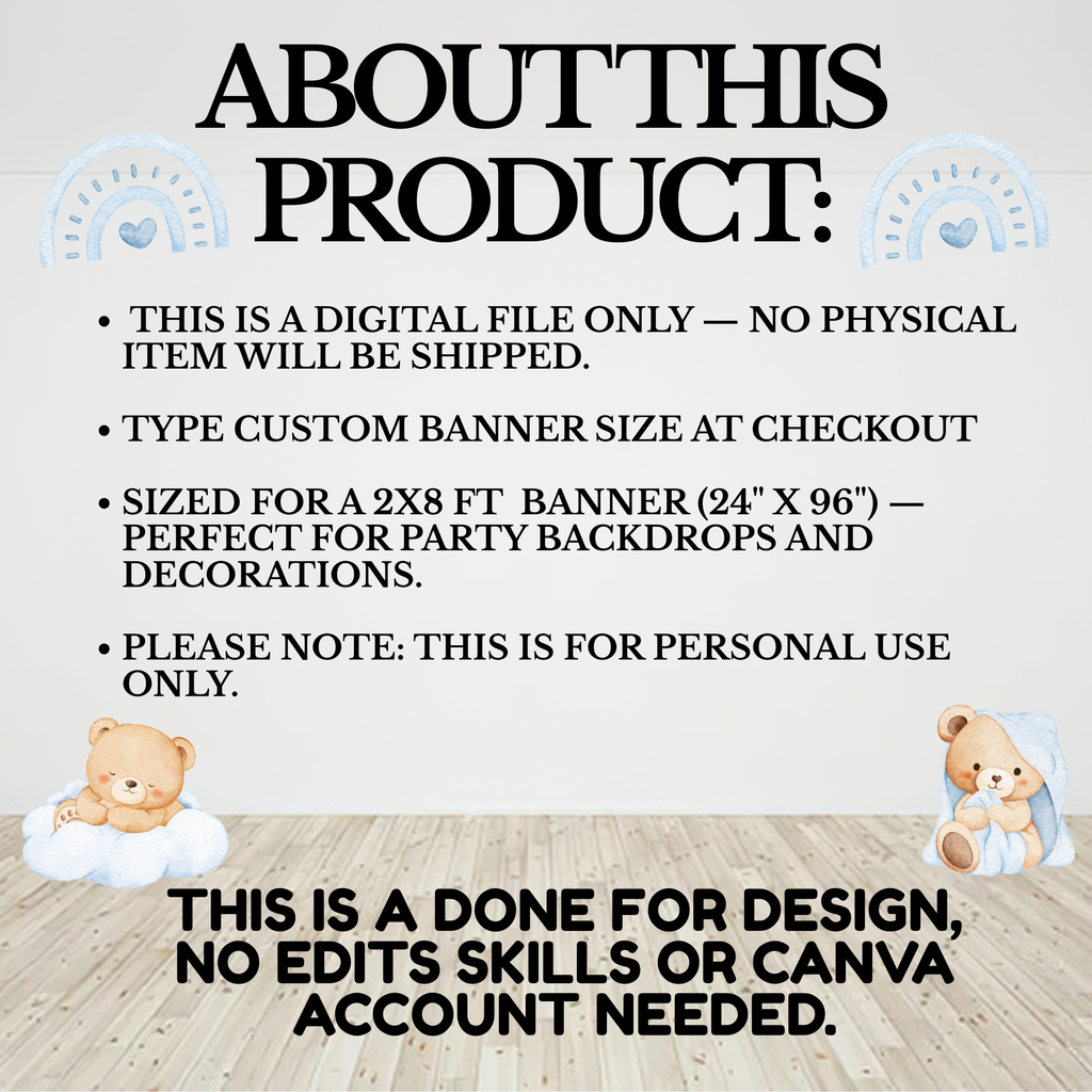 Baby Boy Baby Shower Banner “We Can Bearly Wait” | Custom Teddy Bear Banner 2x8 ft | Printable Baby Shower Decor