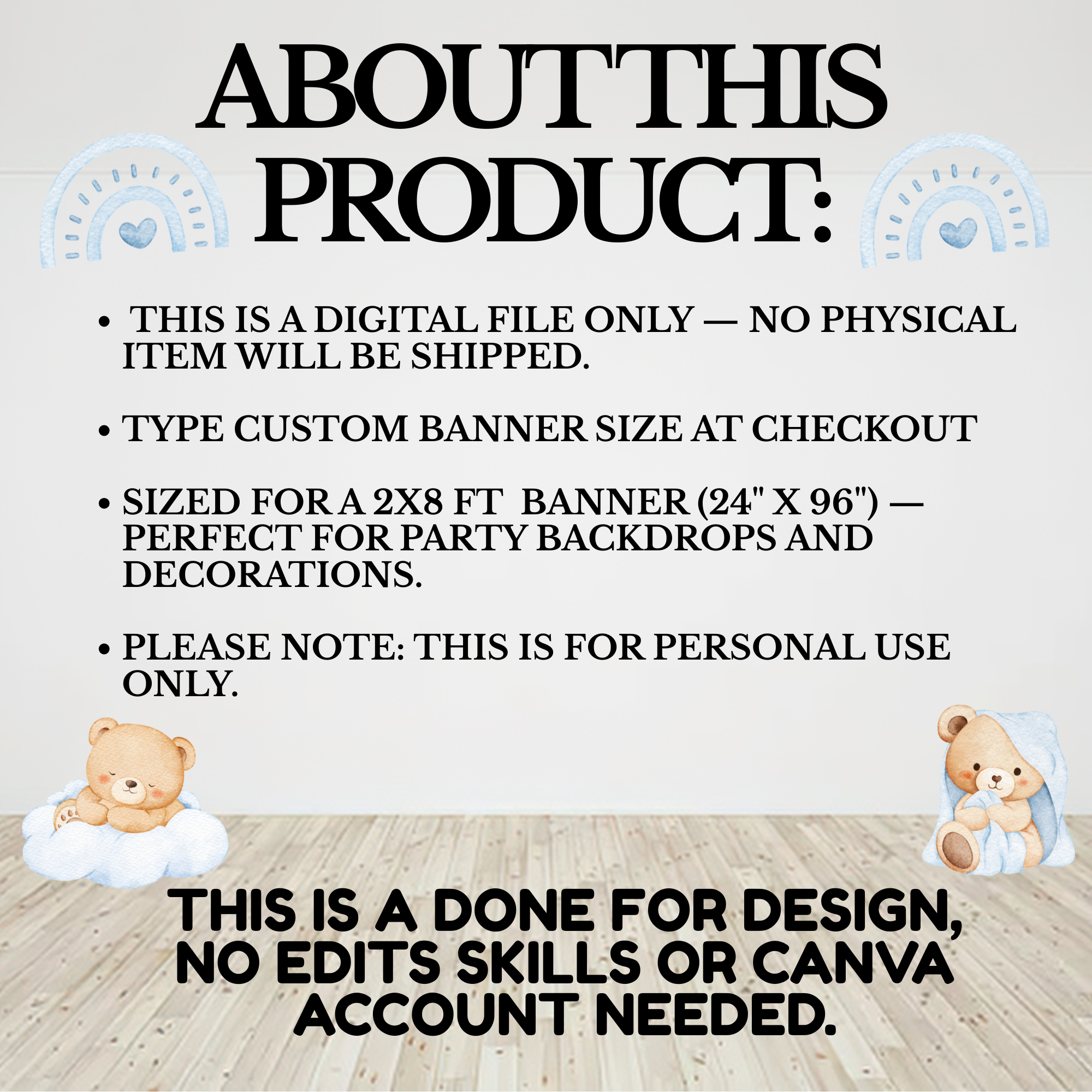 Baby Boy Baby Shower Banner “We Can Bearly Wait” | Custom Teddy Bear Banner 2x8 ft | Printable Baby Shower Decor
