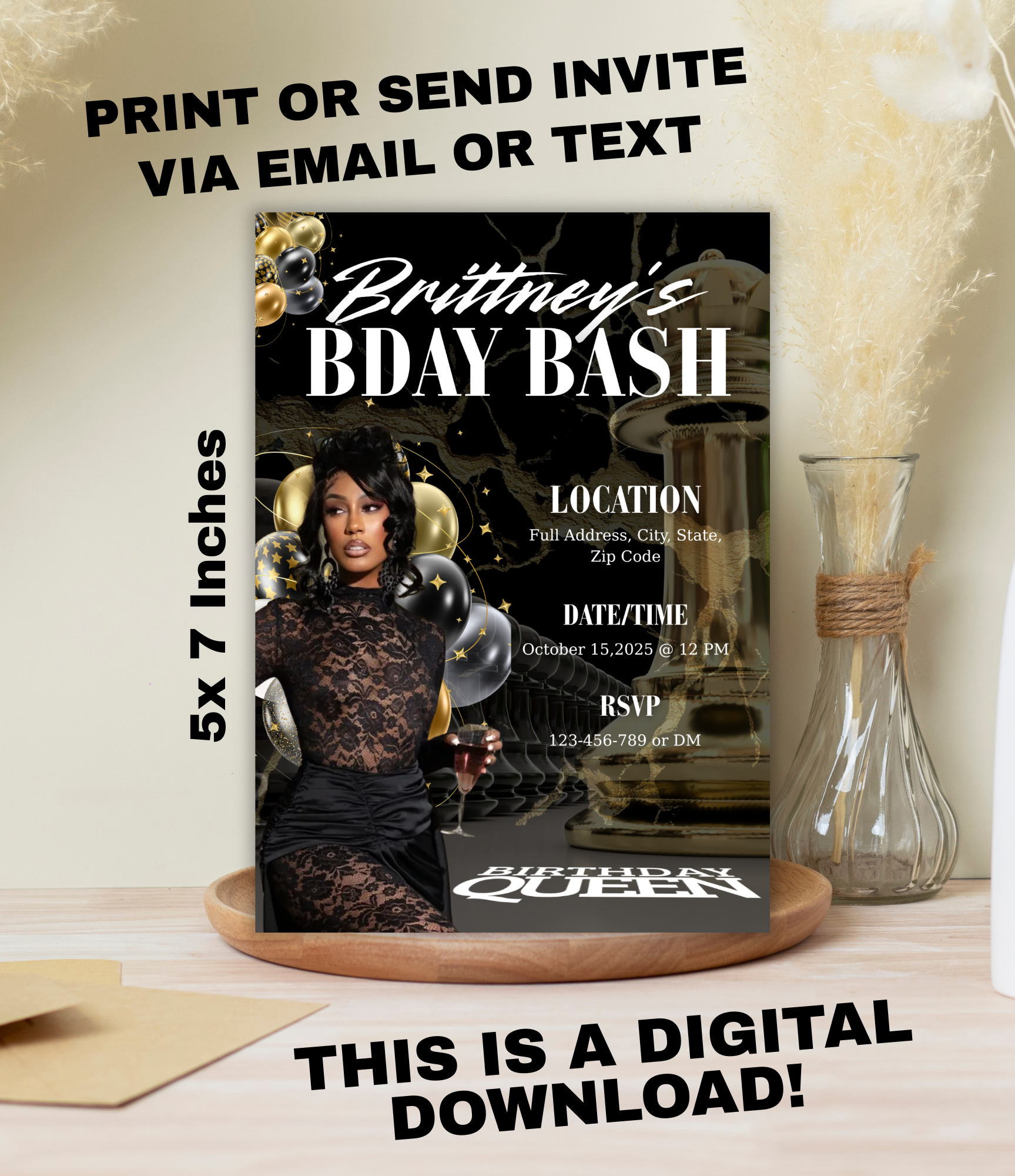 Editable Canva Birthday Queen Flyer Template | Editable Canva Adult Party Invite