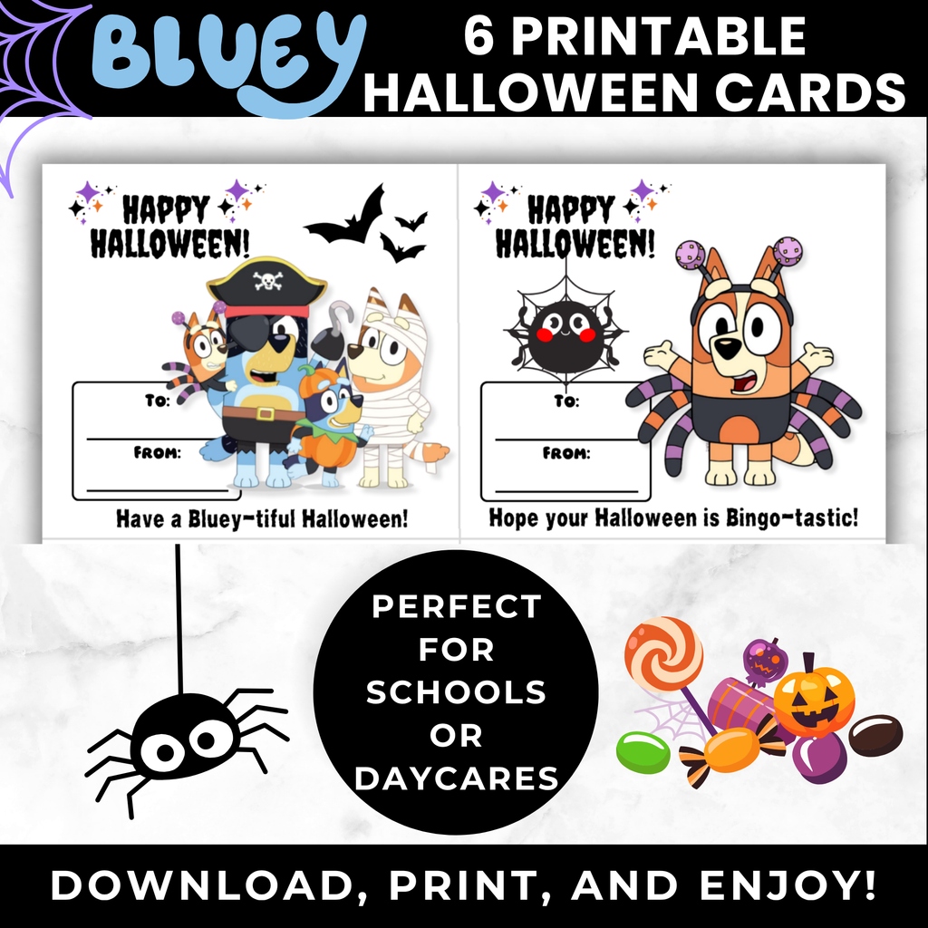 Bluey Printable Halloween Candy Cards for Kids | Classroom Party
