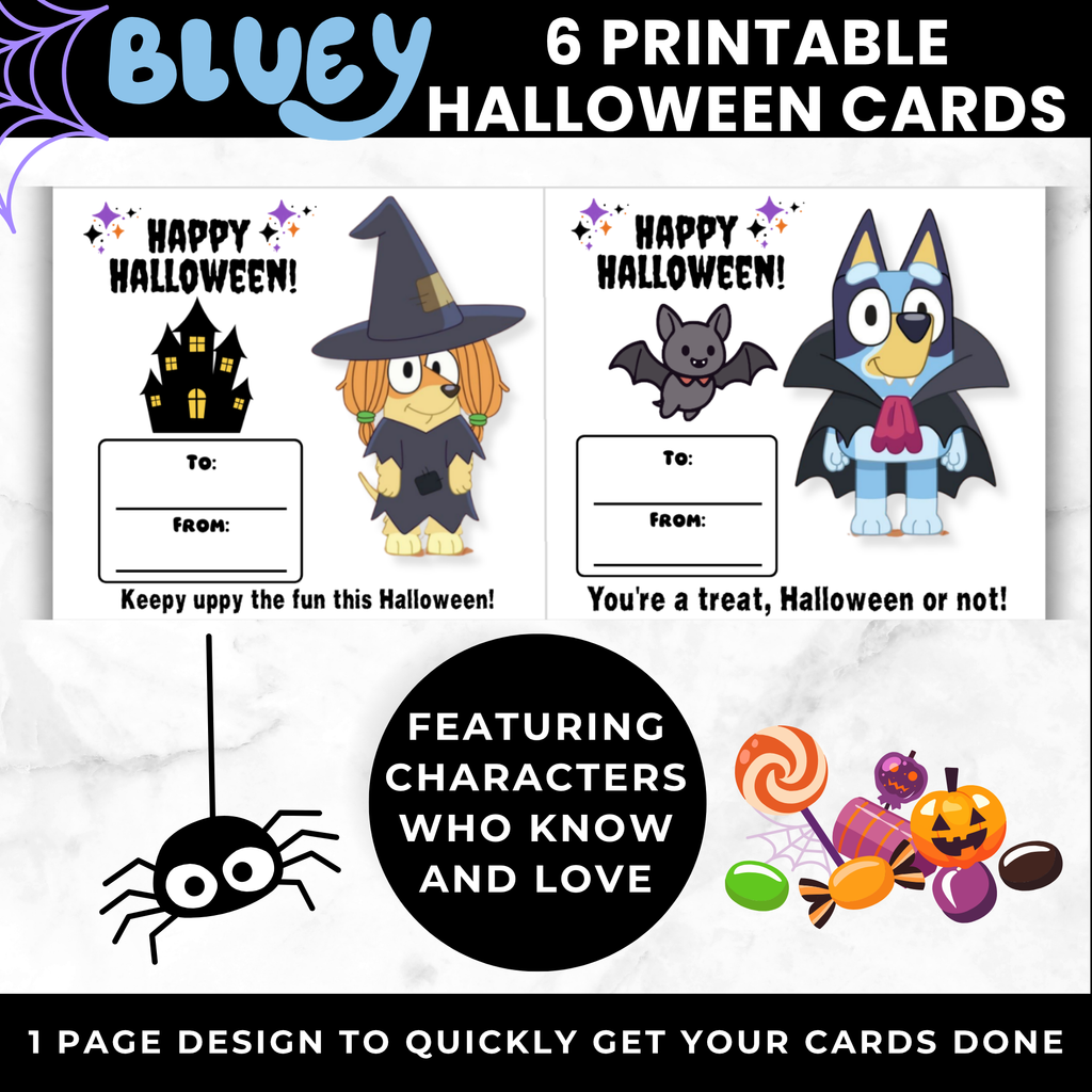 Bluey Printable Halloween Candy Cards for Kids | Classroom Party