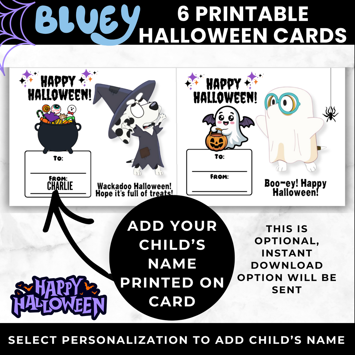 Bluey Printable Halloween Candy Cards for Kids | Classroom Party