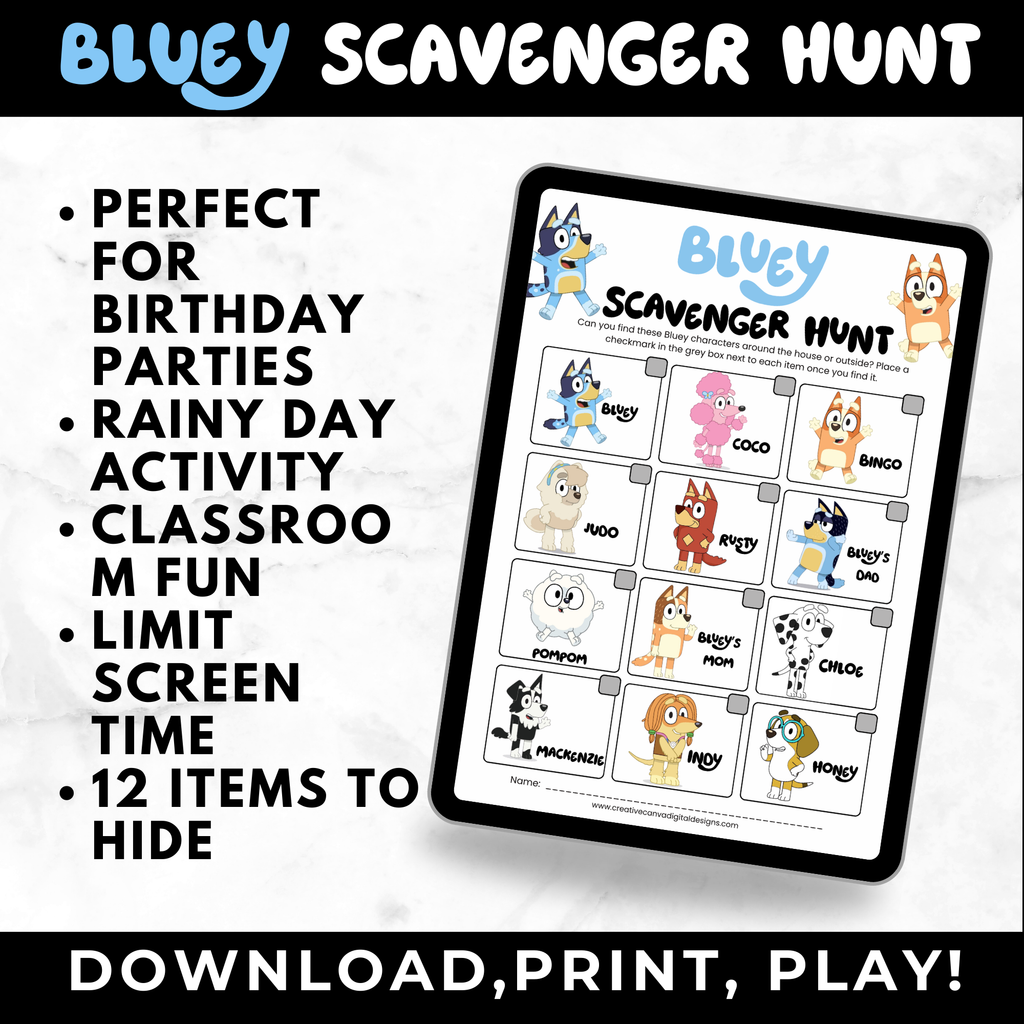Bluey Scavenger Hunt Game for Kids | Bluey Birthday Game